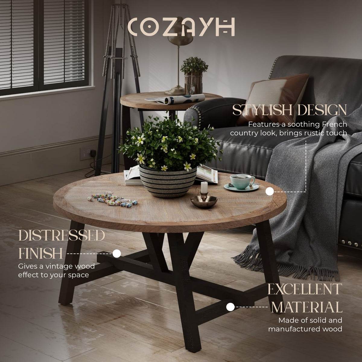 COZAYH Rustic Farmhouse Coffee Table w/ Geometric Base, Living Room (Open Box)