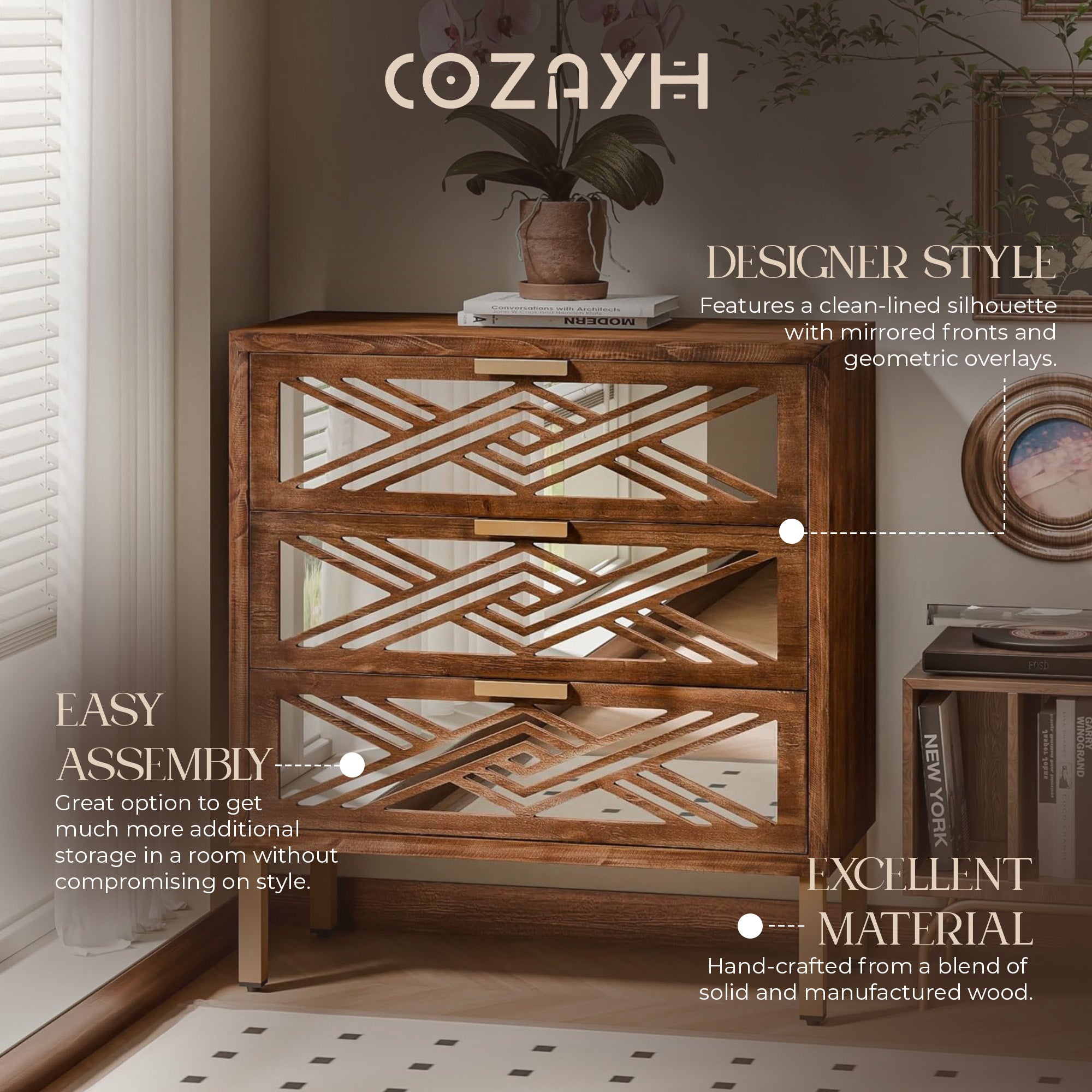 COZAYH 3-Drawer Modern Accent Dresser Mirror Front Storage Cabinet, Set of 2