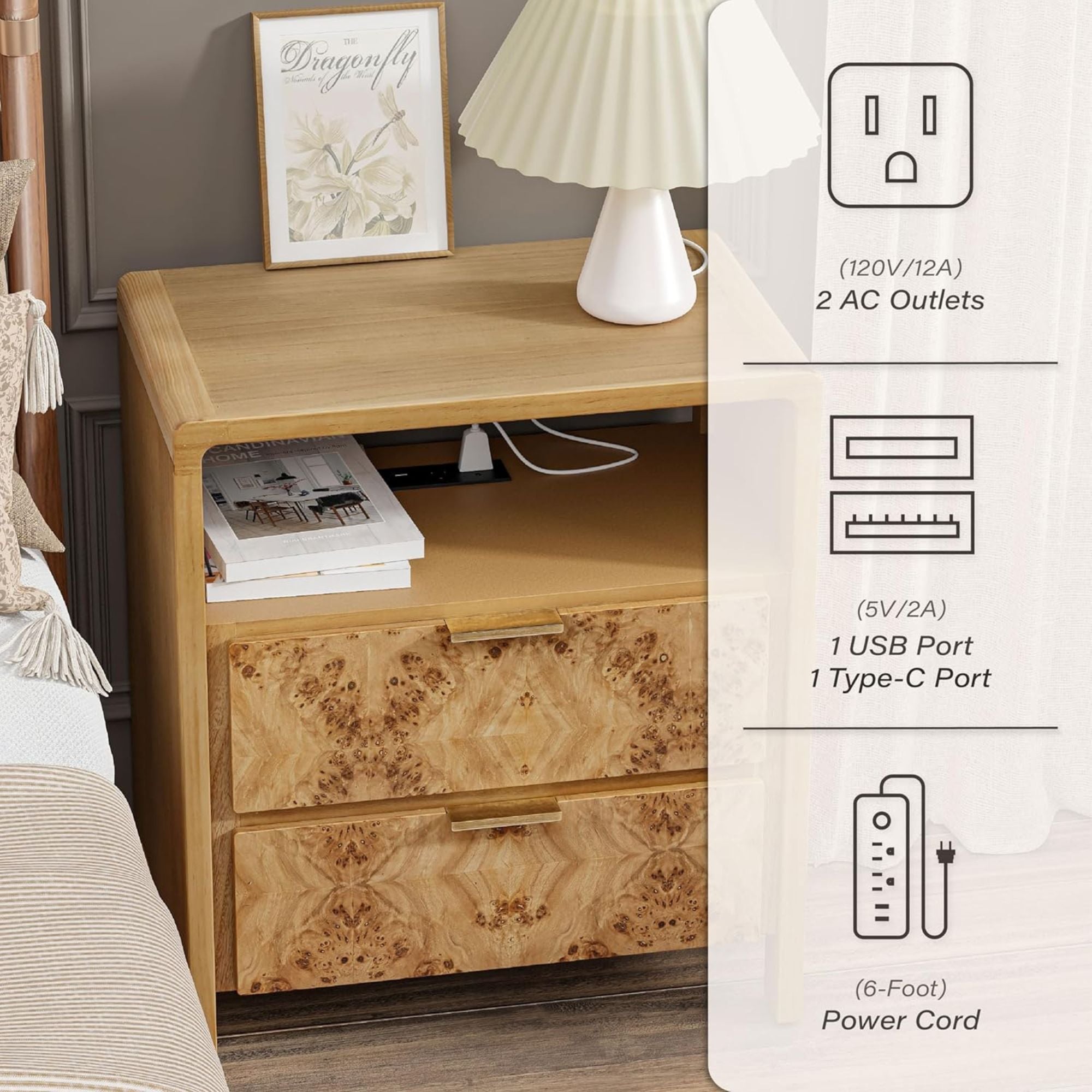 COZAYH Farmhouse 2 Drawer Bed Nightstand w/ Charging Station, Burl Wood, Natural (Open Box) - VMInnovations