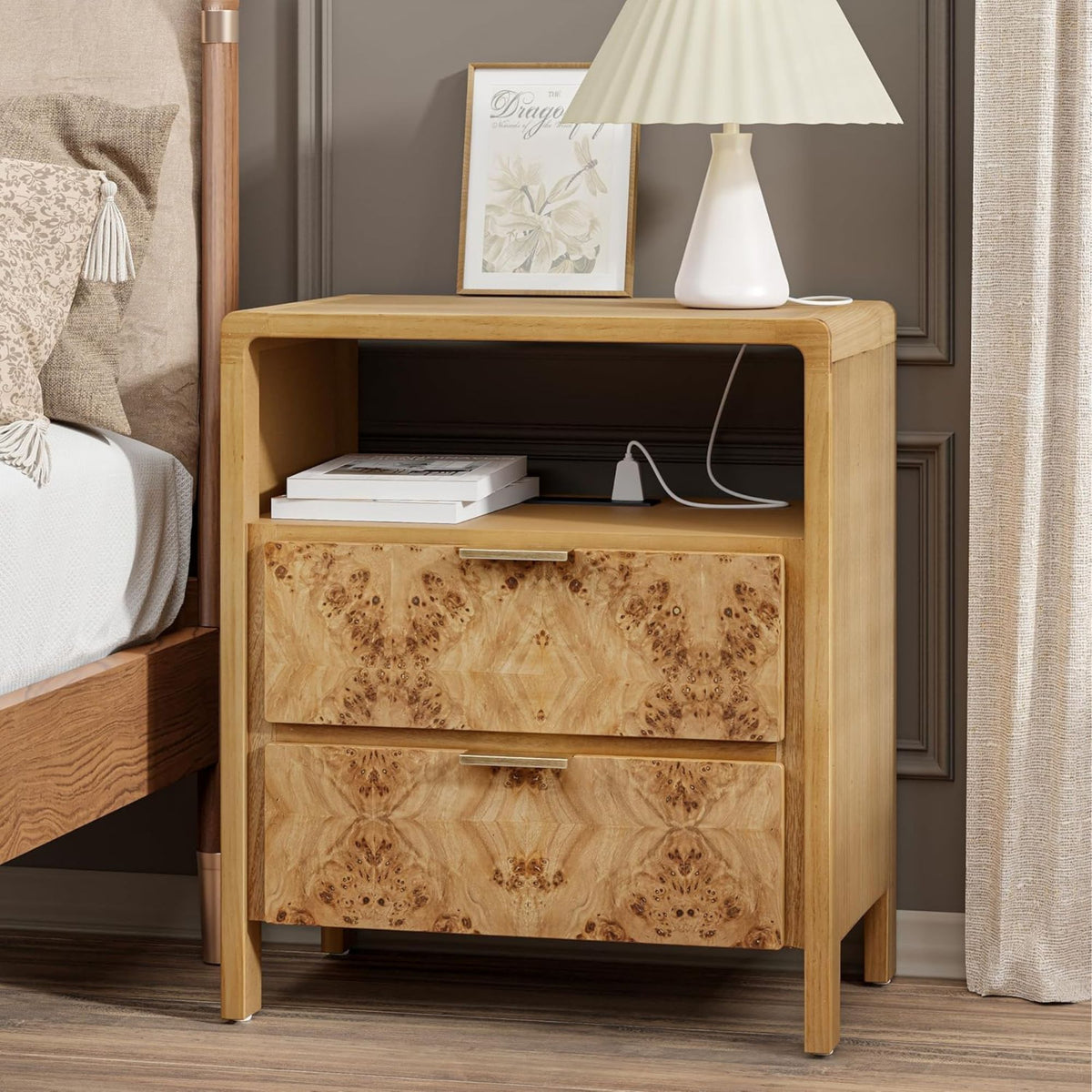 COZAYH Farmhouse 2 Drawer Bed Nightstand w/ Charging Station, Burl Wood, Natural (Open Box) - VMInnovations