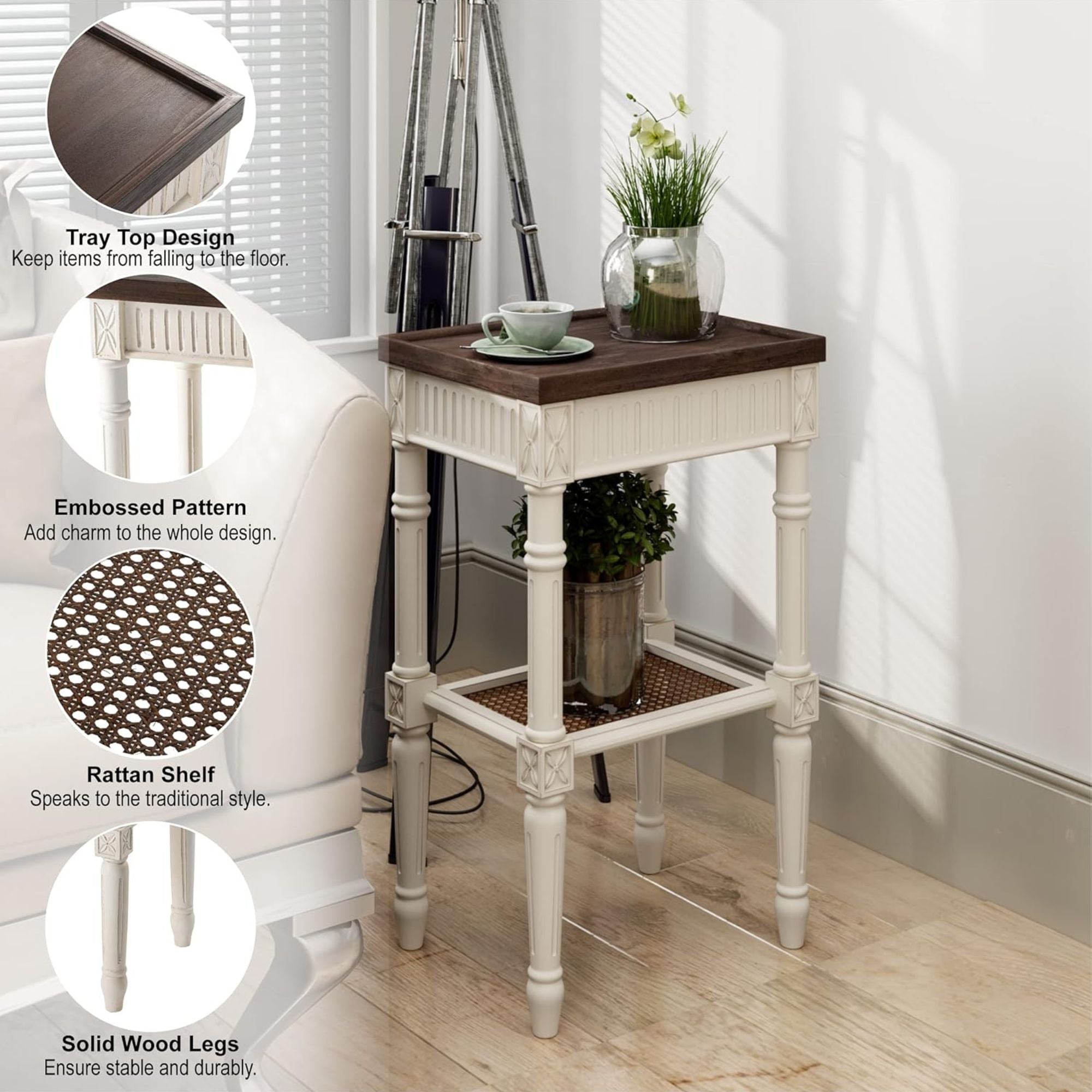 COZAYH French Country Accent End Table, Wood Tray Top Side Table, Brown & White