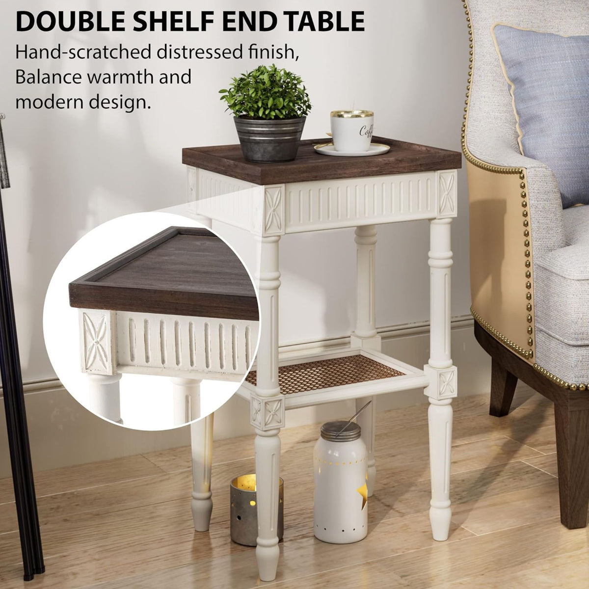 COZAYH Rustic Farmhouse Accent End Table, Wooden Tray Top, Brown/White(Open Box) - VMInnovations