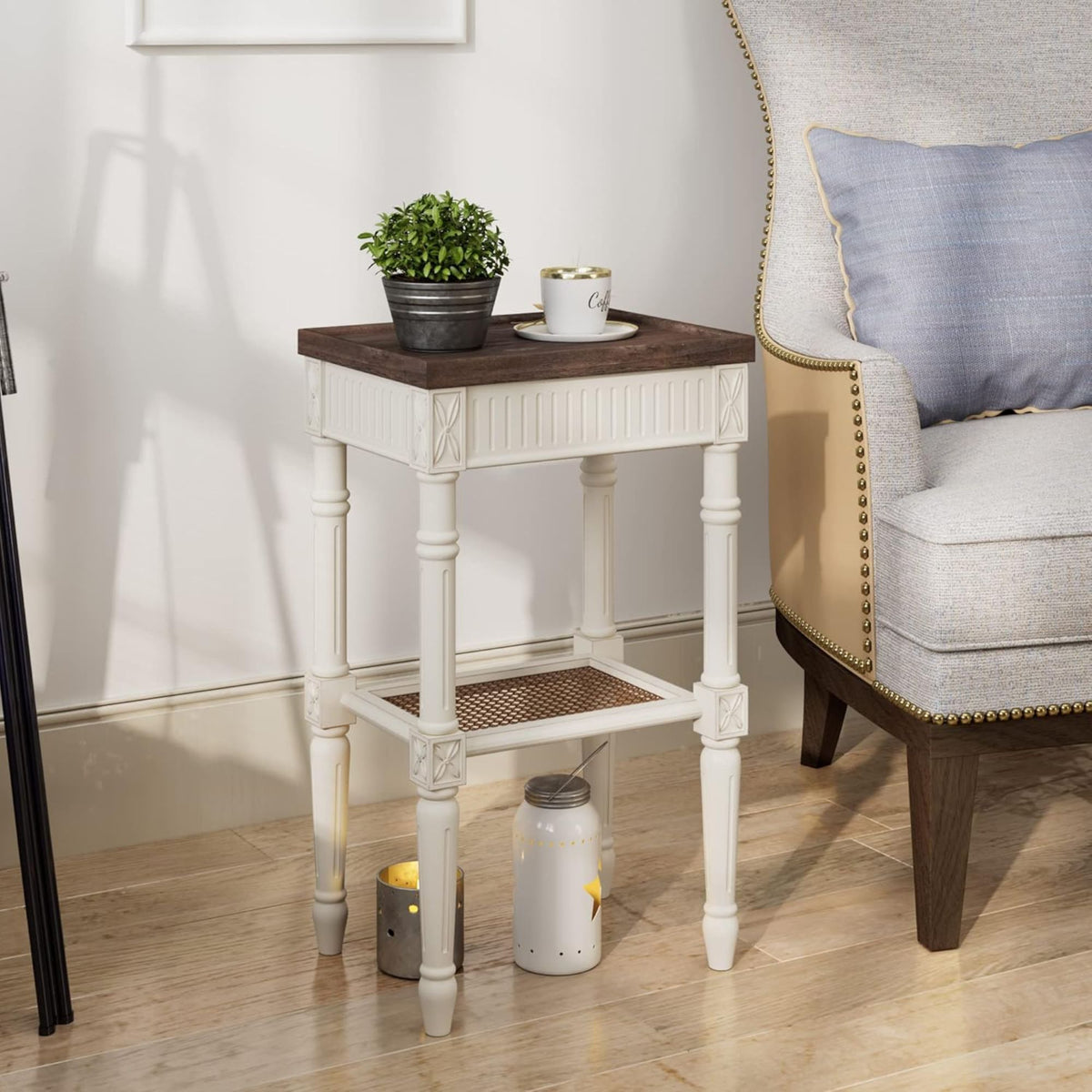 COZAYH Rustic Farmhouse Accent End Table, Wooden Tray Top, Brown/White(Open Box) - VMInnovations