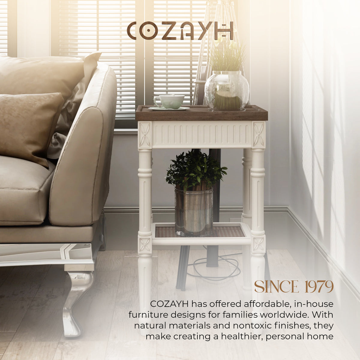 COZAYH French Country Accent End Table, Wood Tray Top Side Table, Brown & White