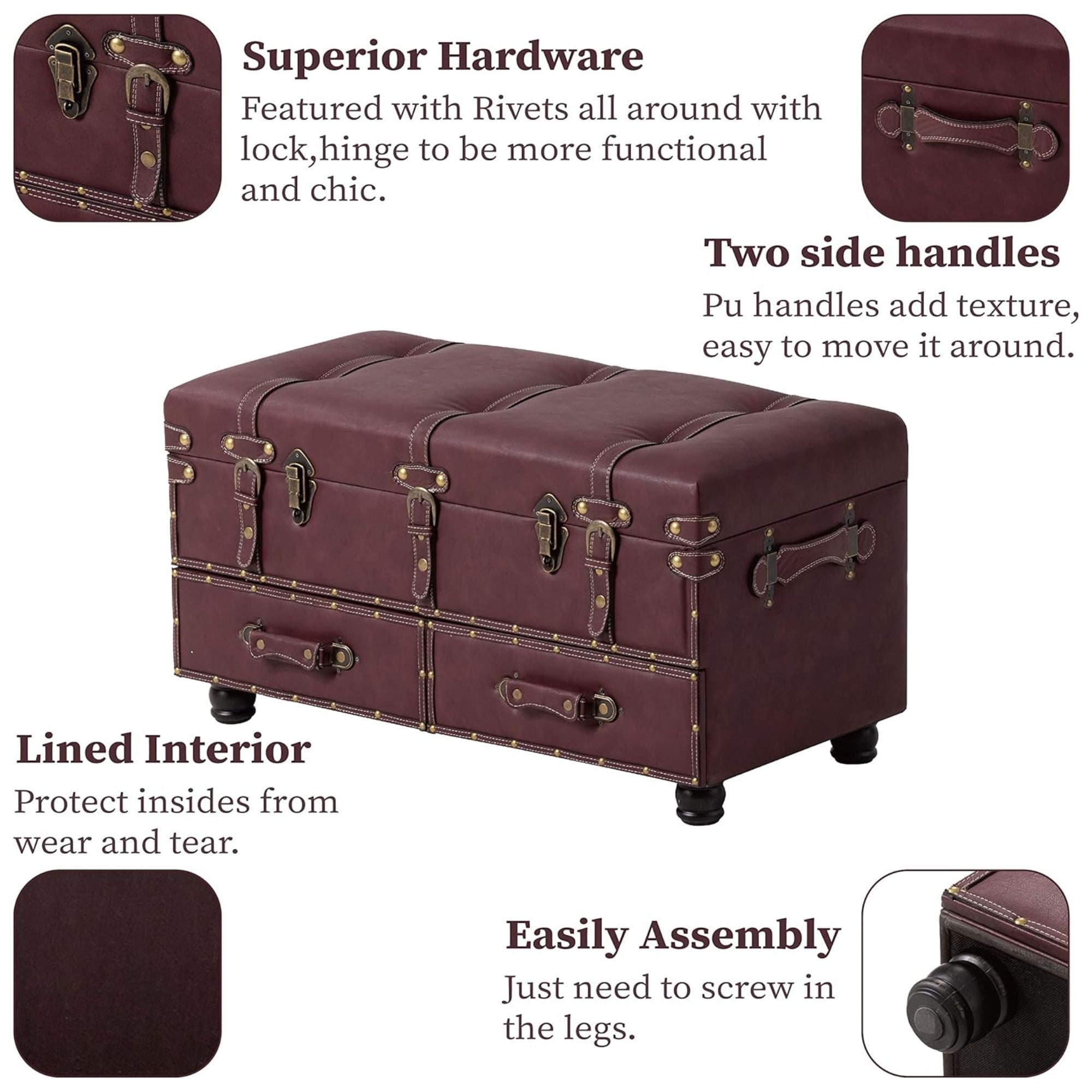 COZAYH Vintage Storage Bench Upholstered Wooden Ottoman Chest, Magenta, Set of 2