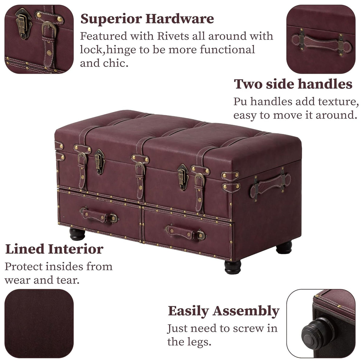COZAYH Vintage Storage Bench Upholstered Wooden Ottoman Chest, Magenta, Set of 2