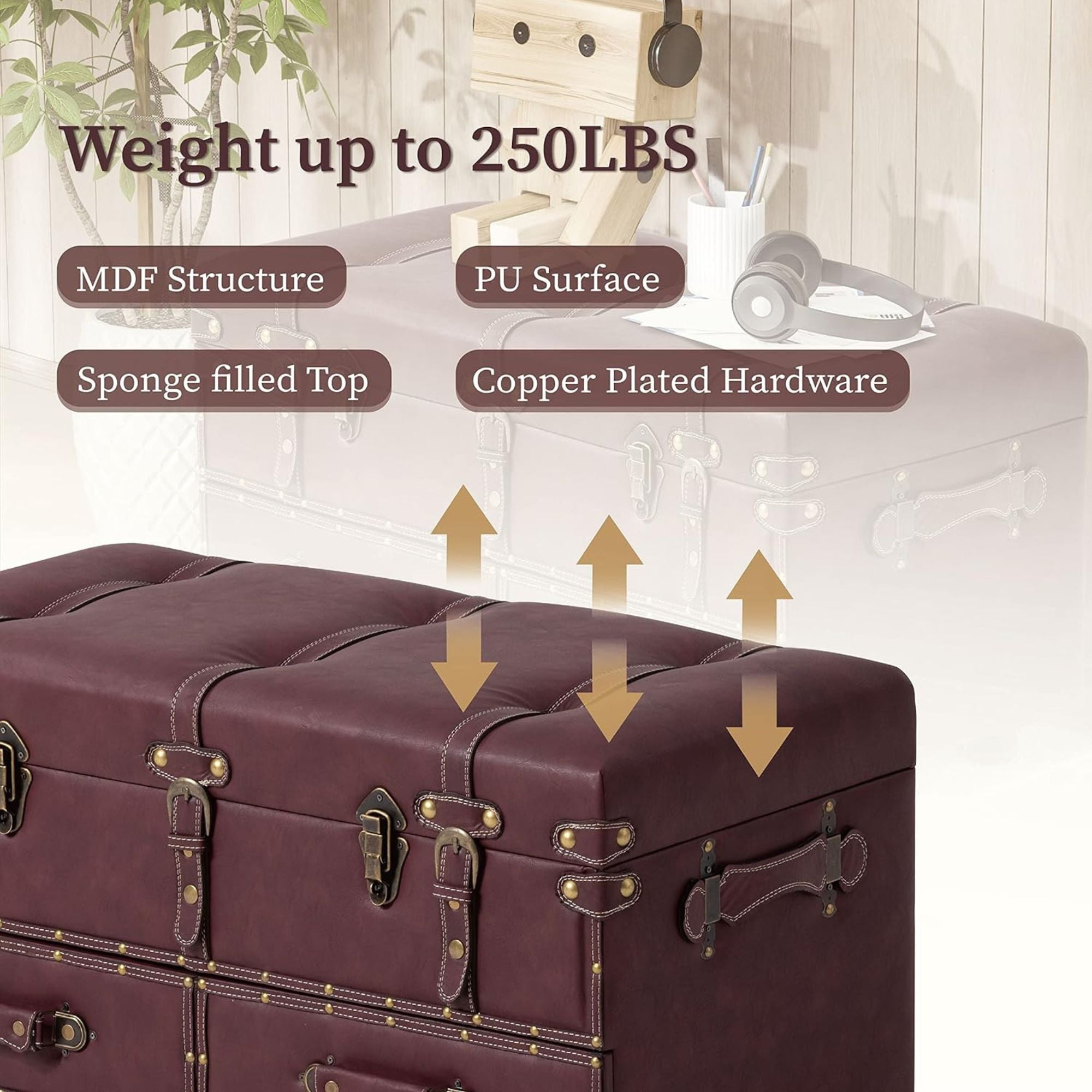 COZAYH Vintage Storage Bench Upholstered Wooden Ottoman Chest, Magenta, Set of 2