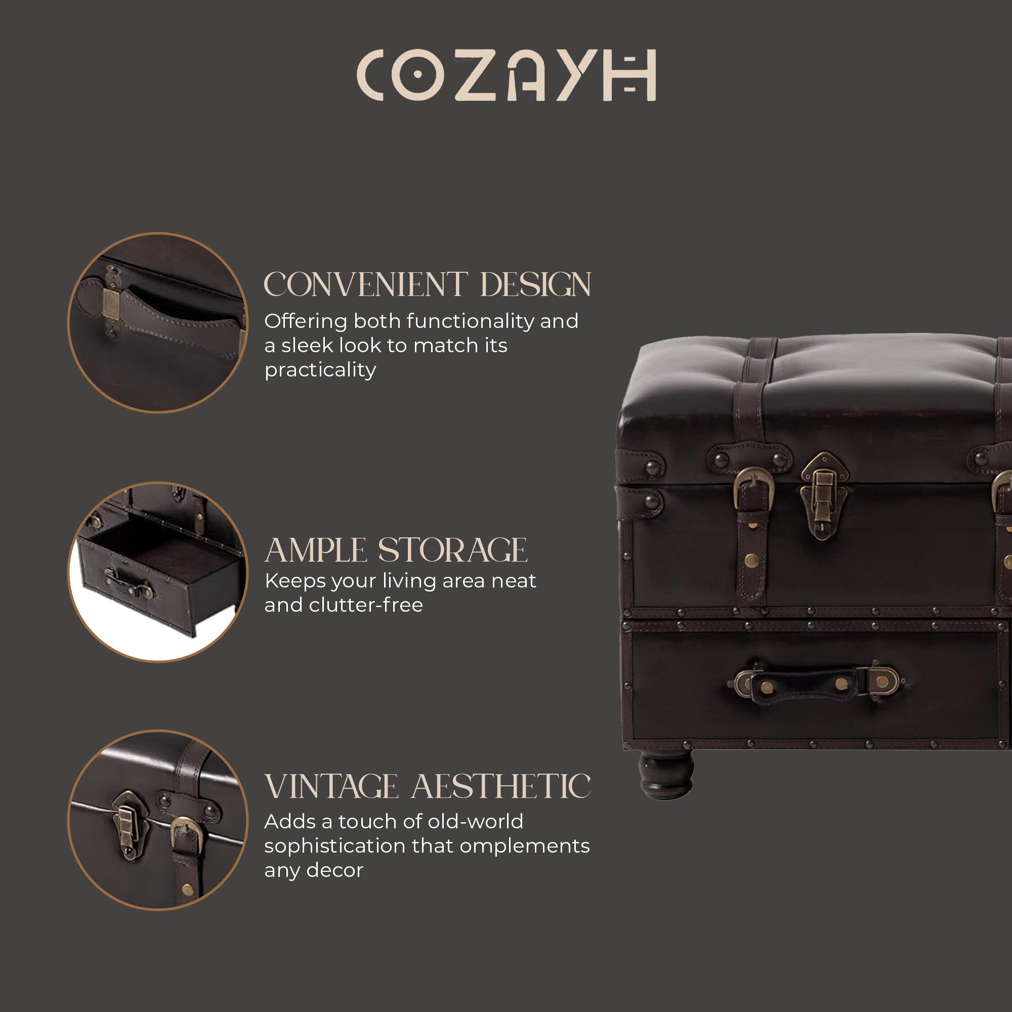 COZAYH Vintage Storage Bench, Upholstered Wooden Ottoman Chest Box, Black Brown