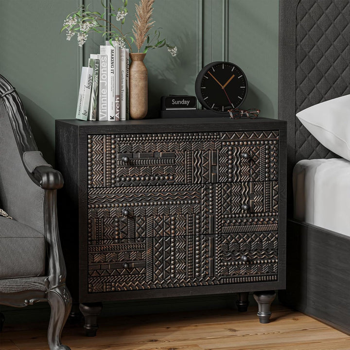 COZAYH Farmhouse 3 Drawer Home Bedroom Dresser with Geometric Pattern, Black - VMInnovations