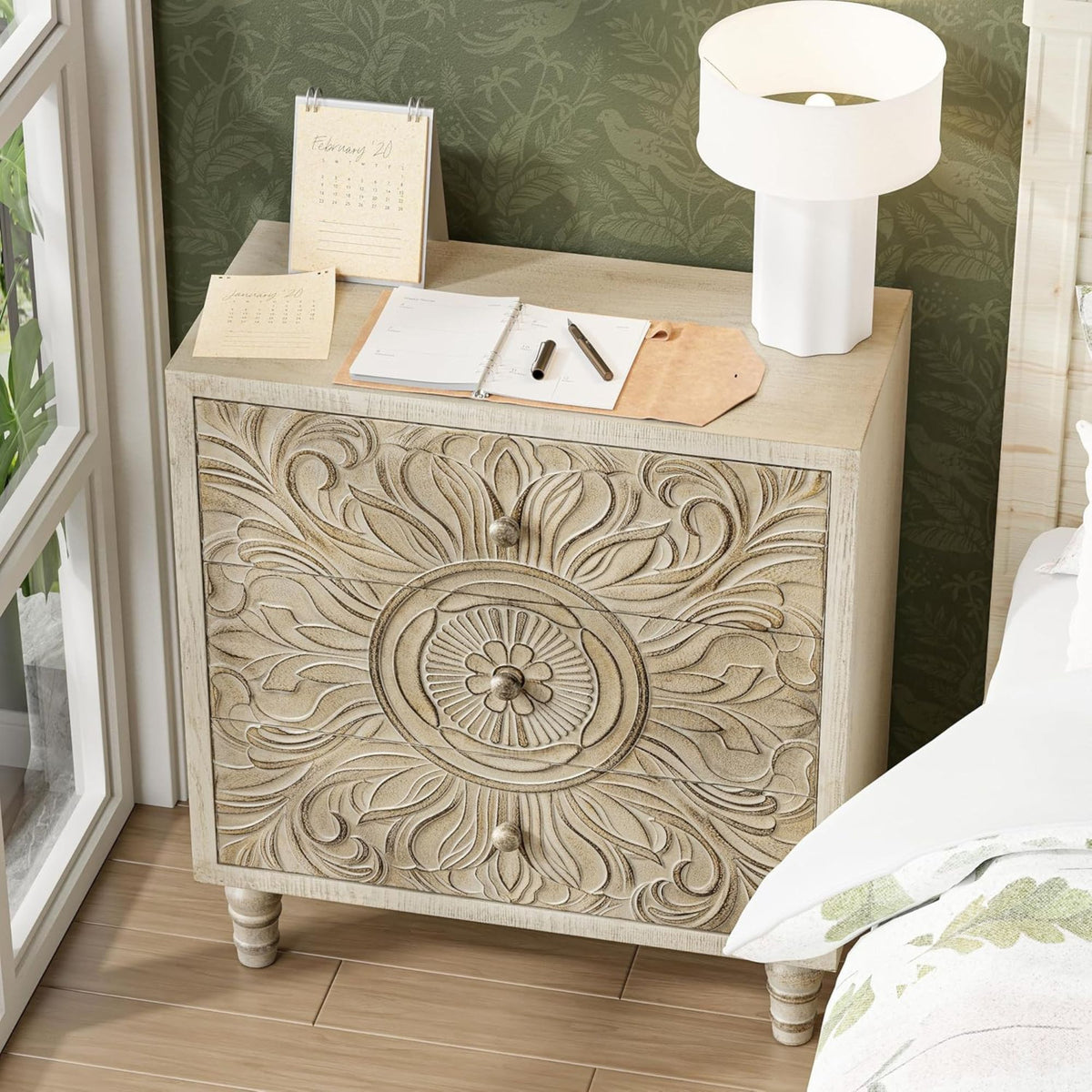 COZAYH Farmhouse 3 Drawer Home Bedroom Dresser w/Embossed Flower Motif(Open Box) - VMInnovations