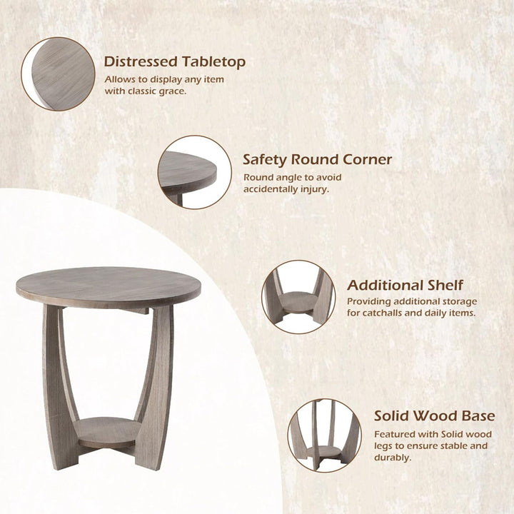 COZAYH Rustic Farmhouse Round End Table with Storage Shelf for Living Room, Grey - VMInnovations