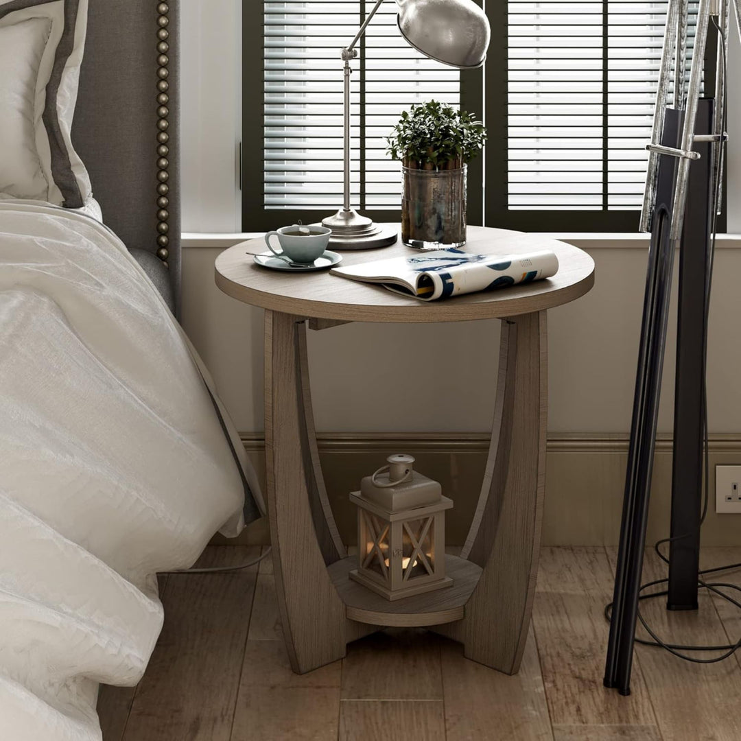 COZAYH Rustic Farmhouse Round End Table with Storage Shelf for Living Room, Grey - VMInnovations