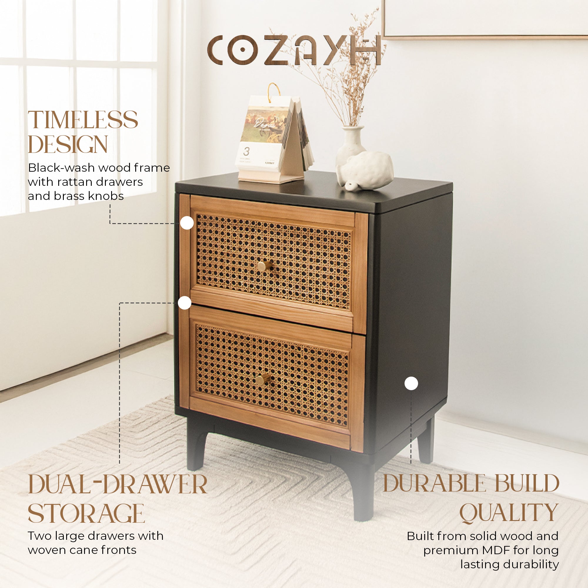 COZAYH Modern Farmhouse 2 Drawer Nightstand, Bedside End Table, Black, Set of 2