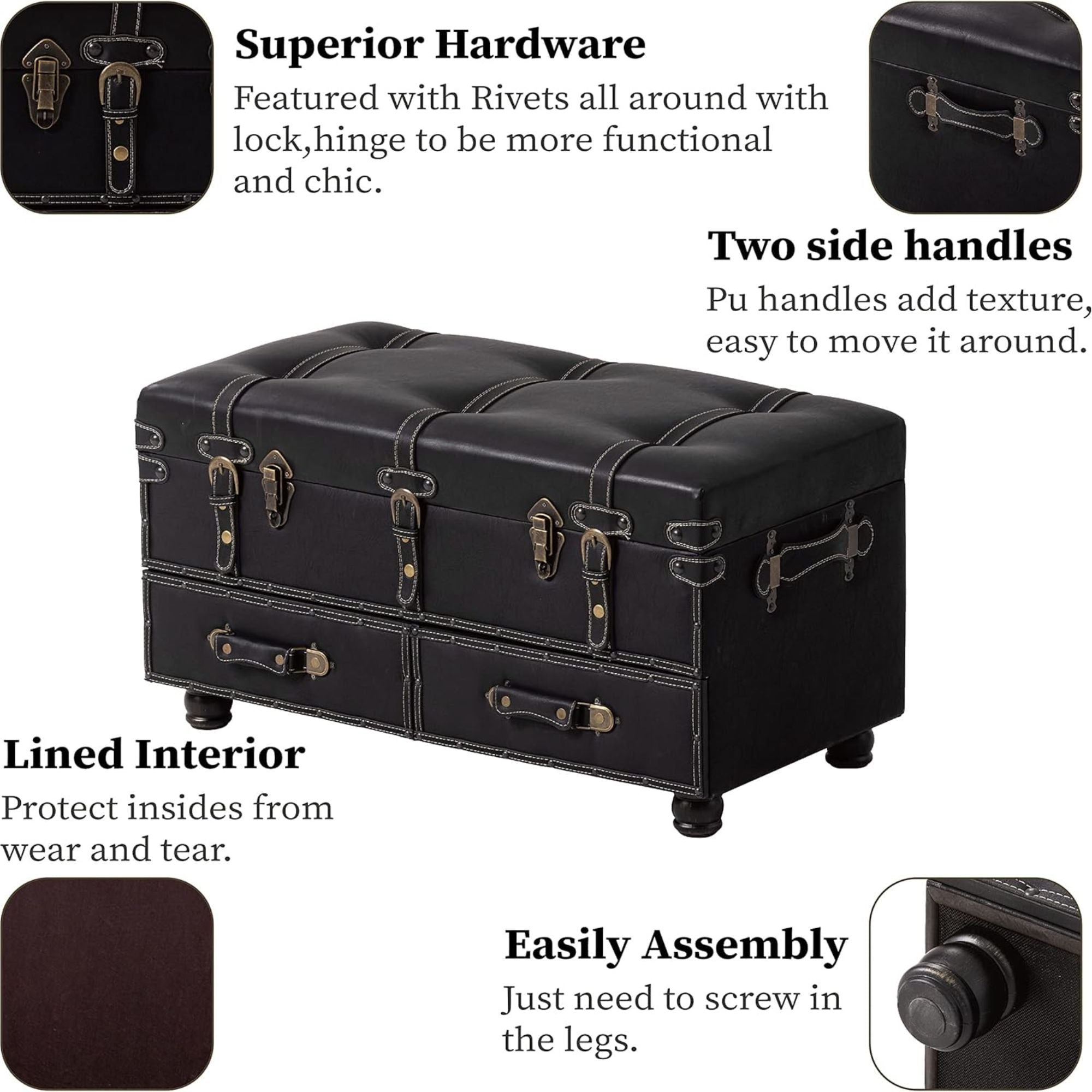 COZAYH Vintage Storage Bench, Upholstered Wooden Ottoman Chest, Black, Set of 2