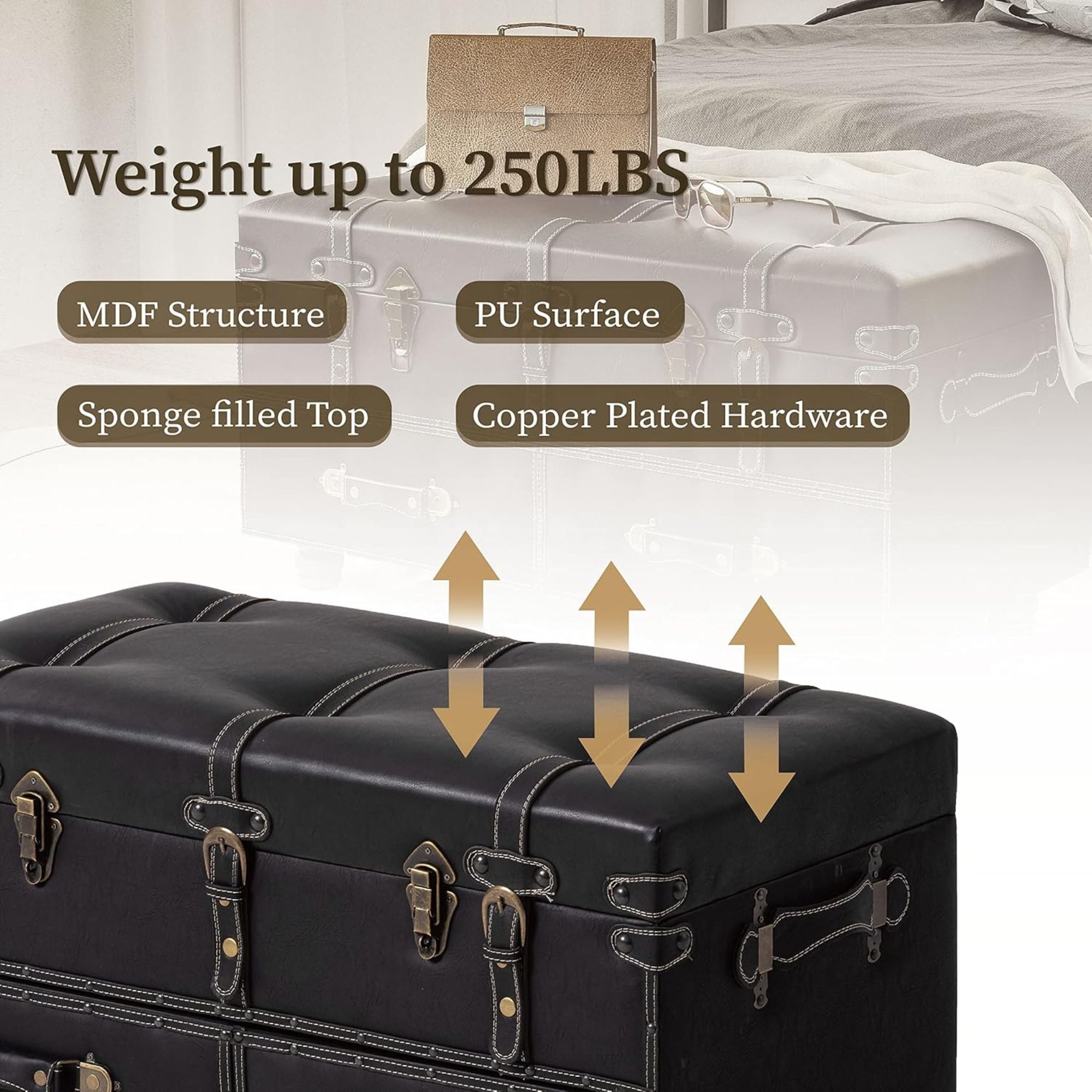 COZAYH Vintage Storage Bench, Upholstered Wooden Ottoman Chest, Black, Set of 2