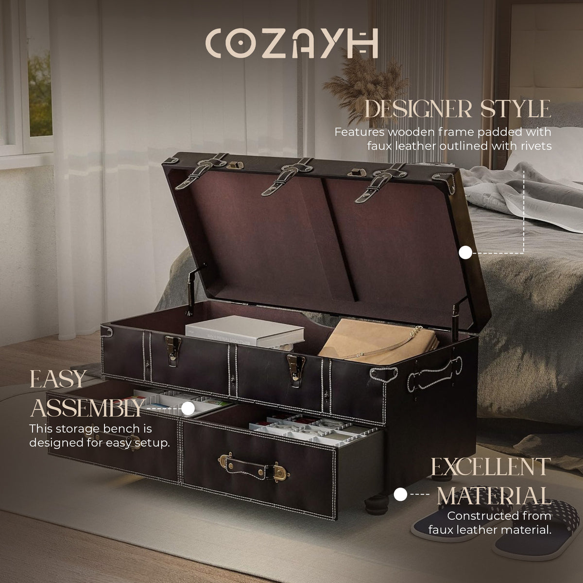 COZAYH Vintage Storage Bench, Upholstered Wooden Chest Box, Black (Open Box)