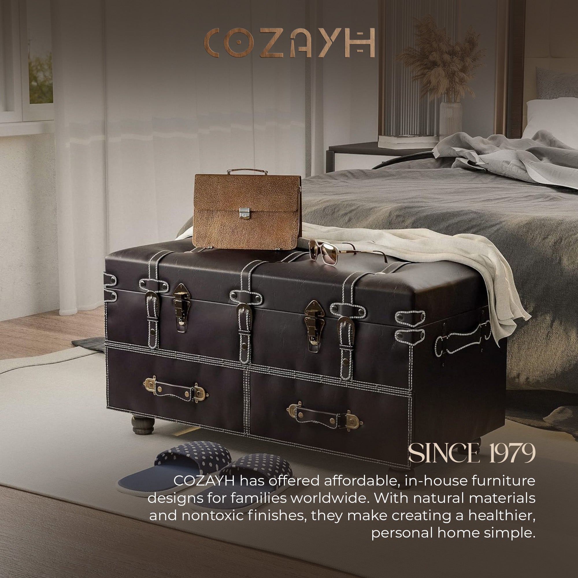 COZAYH Vintage Storage Bench, Upholstered Wooden Ottoman Bed Chest Box (Used)