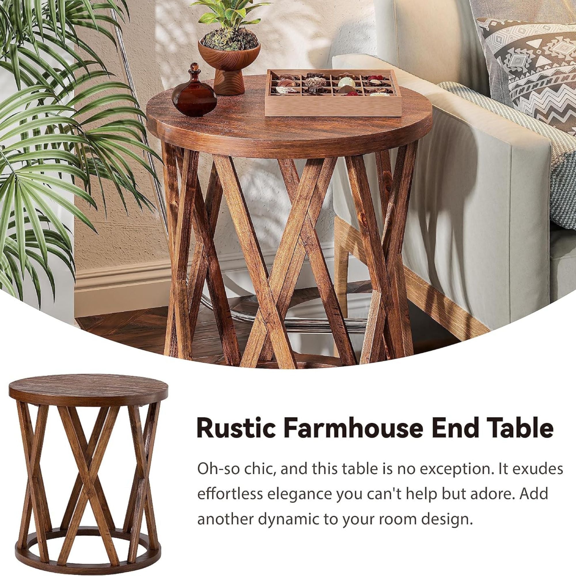 COZAYH Farmhouse End Table, Rustic Round Top with X-Motifs Legs, Brown, Set of 2 - VMInnovations