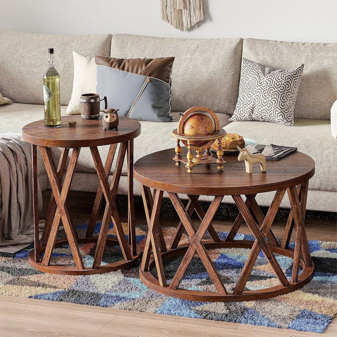 COZAYH Farmhouse End Table, Rustic Round Side Table with X-Motifs Legs, Brown - VMInnovations