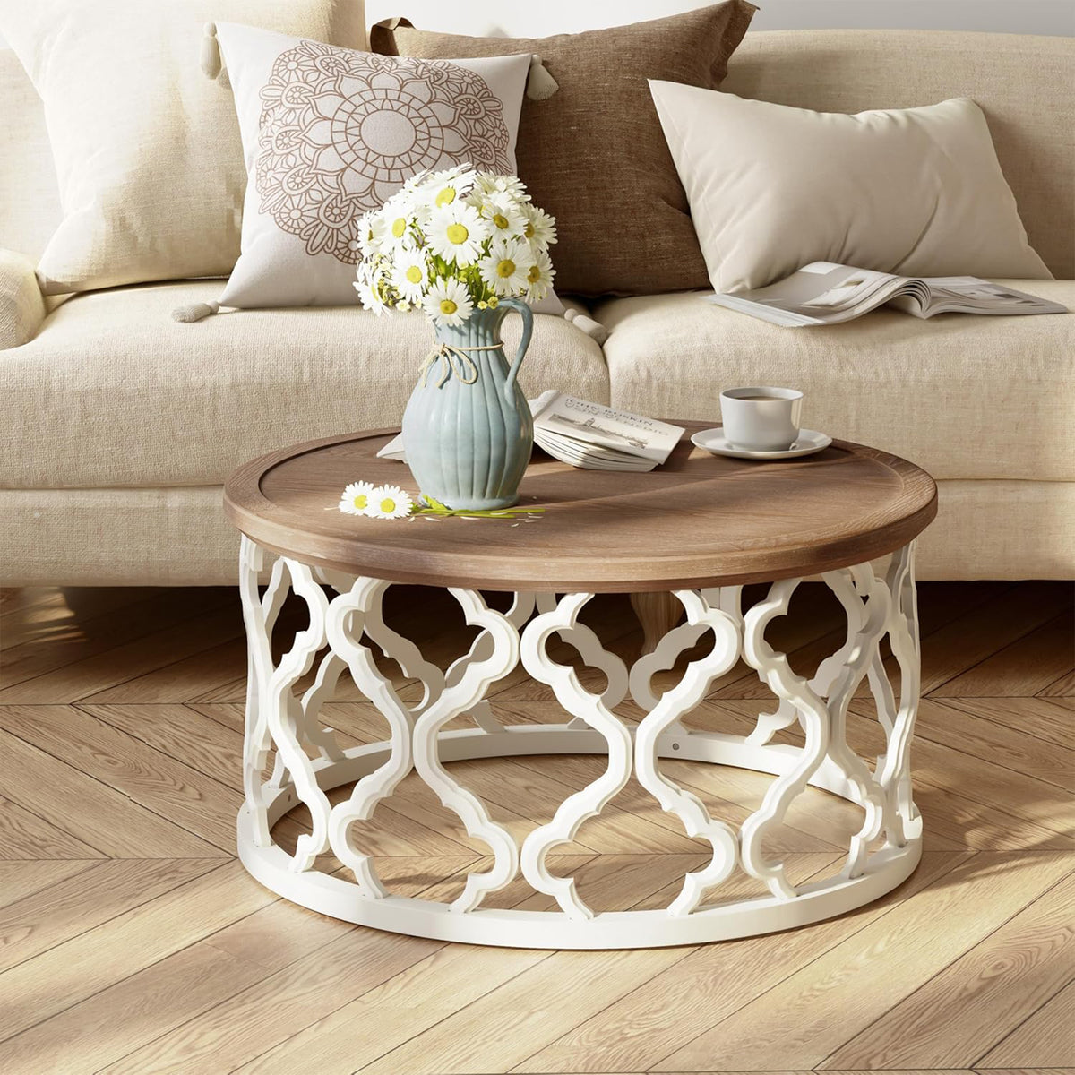 COZAYH Farmhouse Round Coffee Table, Distressed Wood Tray Top for Home, White (Open Box)