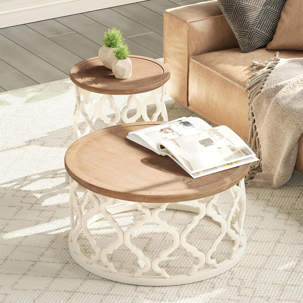 COZAYH Farmhouse Round Coffee Table, Distressed Wood Tray Top for Home, White (Open Box)