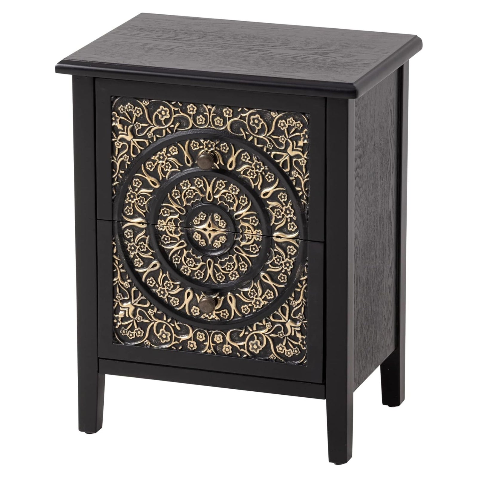 COZAYH Farmhouse 2 Drawer Home Bedroom Nightstand w/Embossed Flower Motif, Black - VMInnovations