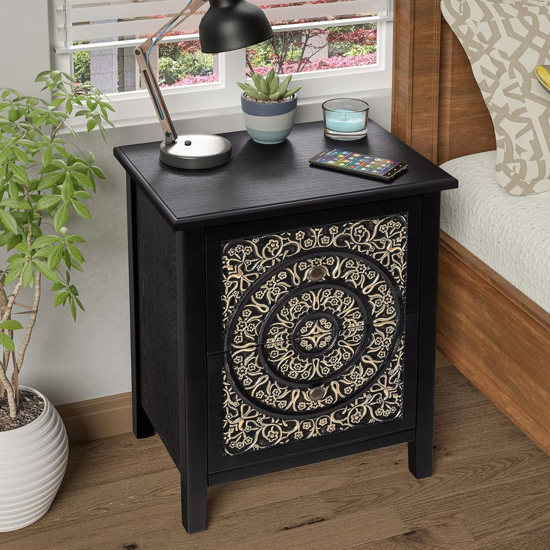 COZAYH Farmhouse 2 Drawer Home Bedroom Nightstand w/Embossed Flower Motif, Black - VMInnovations