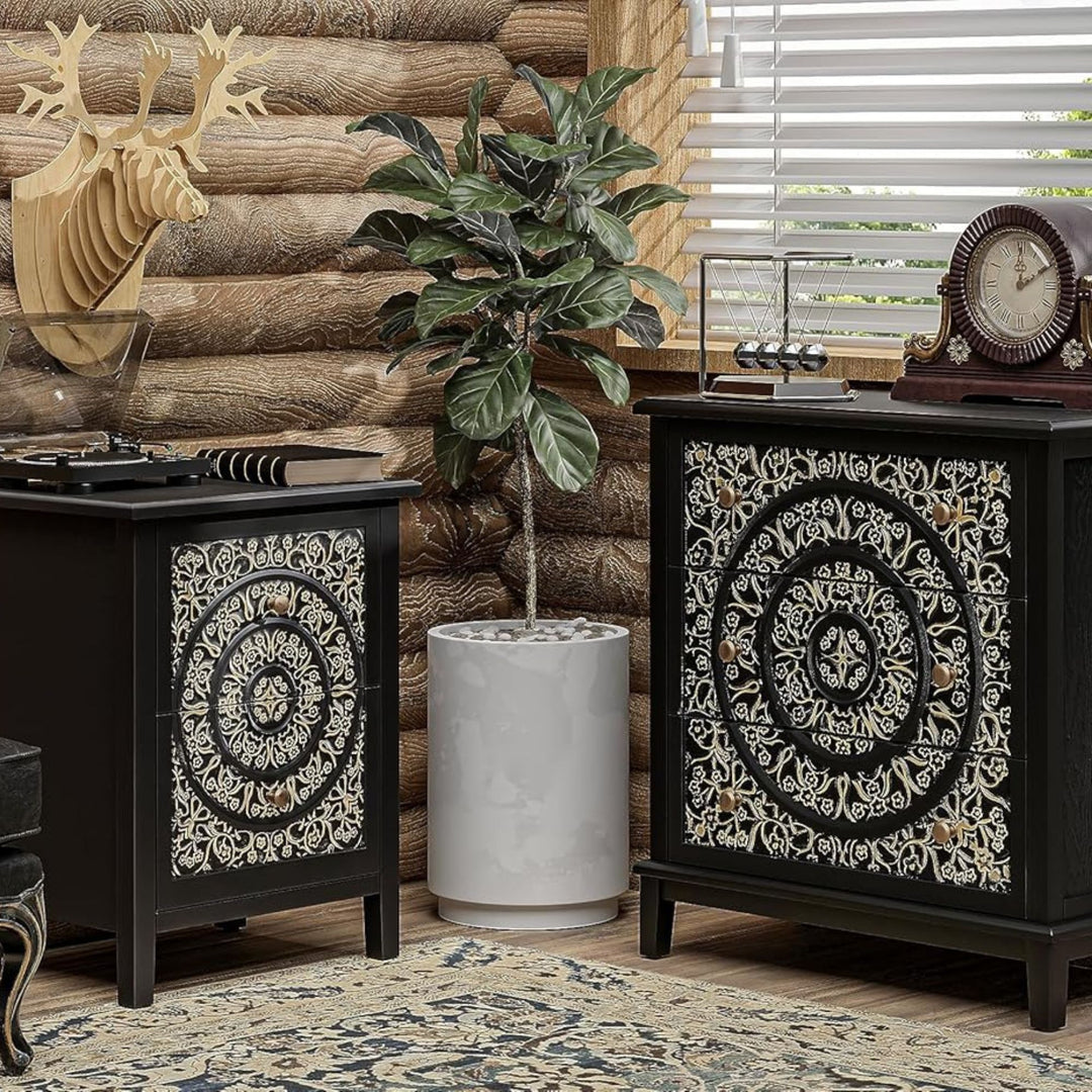 COZAYH Farmhouse 2 Drawer Home Bedroom Nightstand w/Embossed Flower Motif, Black - VMInnovations