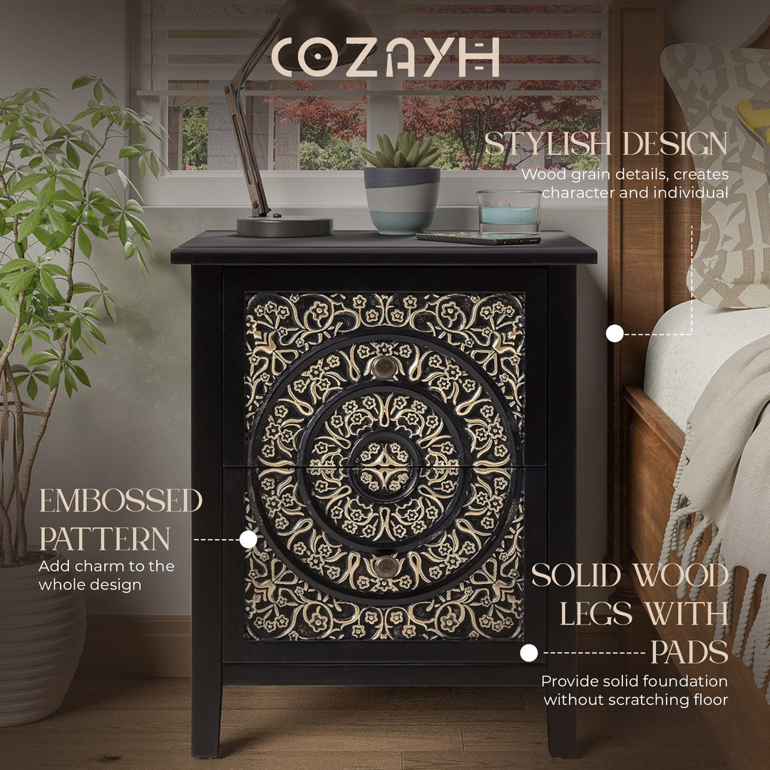 COZAYH Farmhouse 2 Drawer Home Bedroom Nightstand w/Embossed Flower Motif, Black - VMInnovations