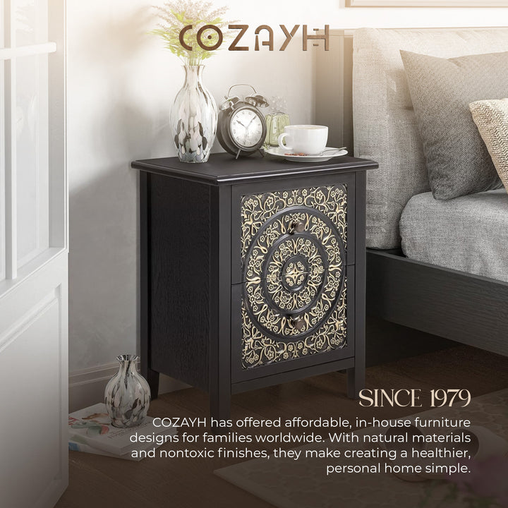 COZAYH Farmhouse 2 Drawer Home Bedroom Nightstand w/Embossed Flower Motif, Black - VMInnovations