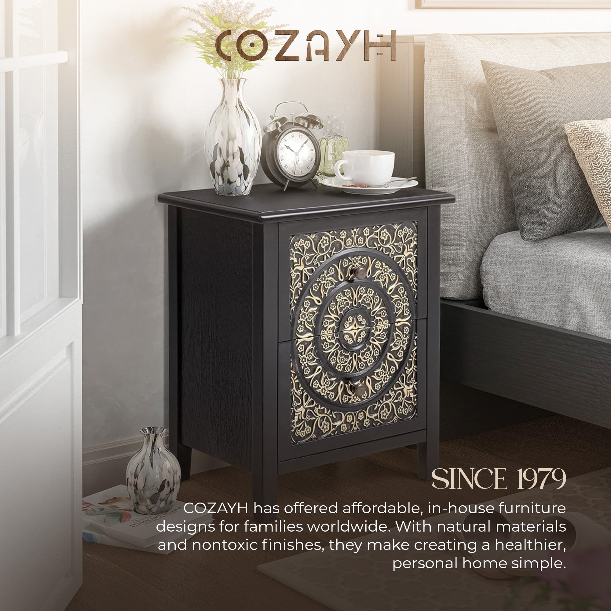COZAYH Farmhouse 2 Drawer Bedroom Nightstand w/ Embossed Flower Motif, Set of 2 - VMInnovations