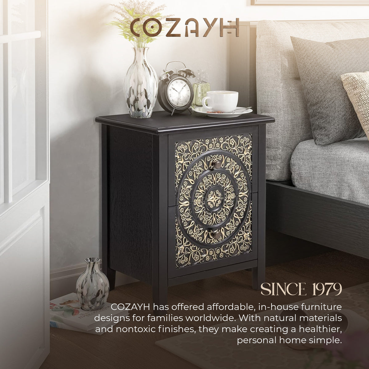 COZAYH Farmhouse 2 Drawer Home Bedroom Nightstand w/Embossed Flower (Open Box)
