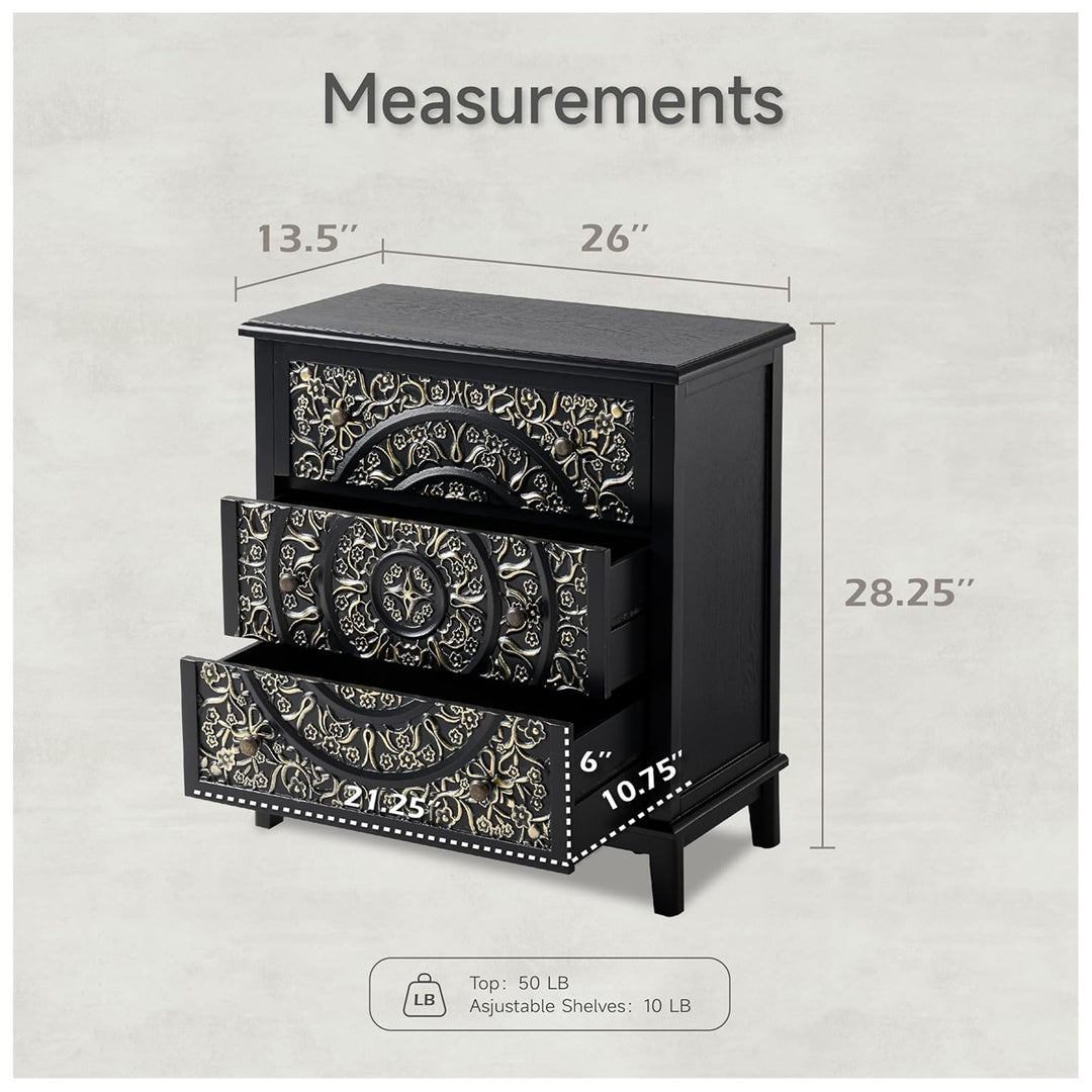 COZAYH 3-Drawer Flower Motif Dresser Fully Assembled Furniture, Gold & Black - VMInnovations