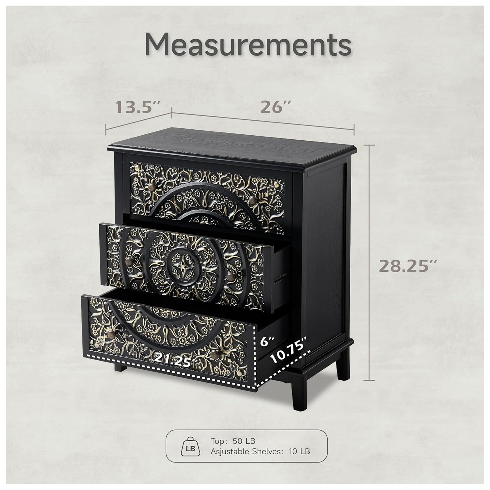 COZAYH 3-Drawer Flower Motif Dresser Fully Assembled Furniture, Gold & Black - VMInnovations