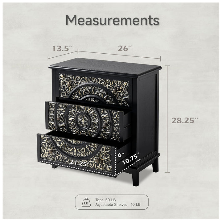 COZAYH 3-Drawer Flower Motif Dresser Fully Assembled Furniture, Gold & Black - VMInnovations