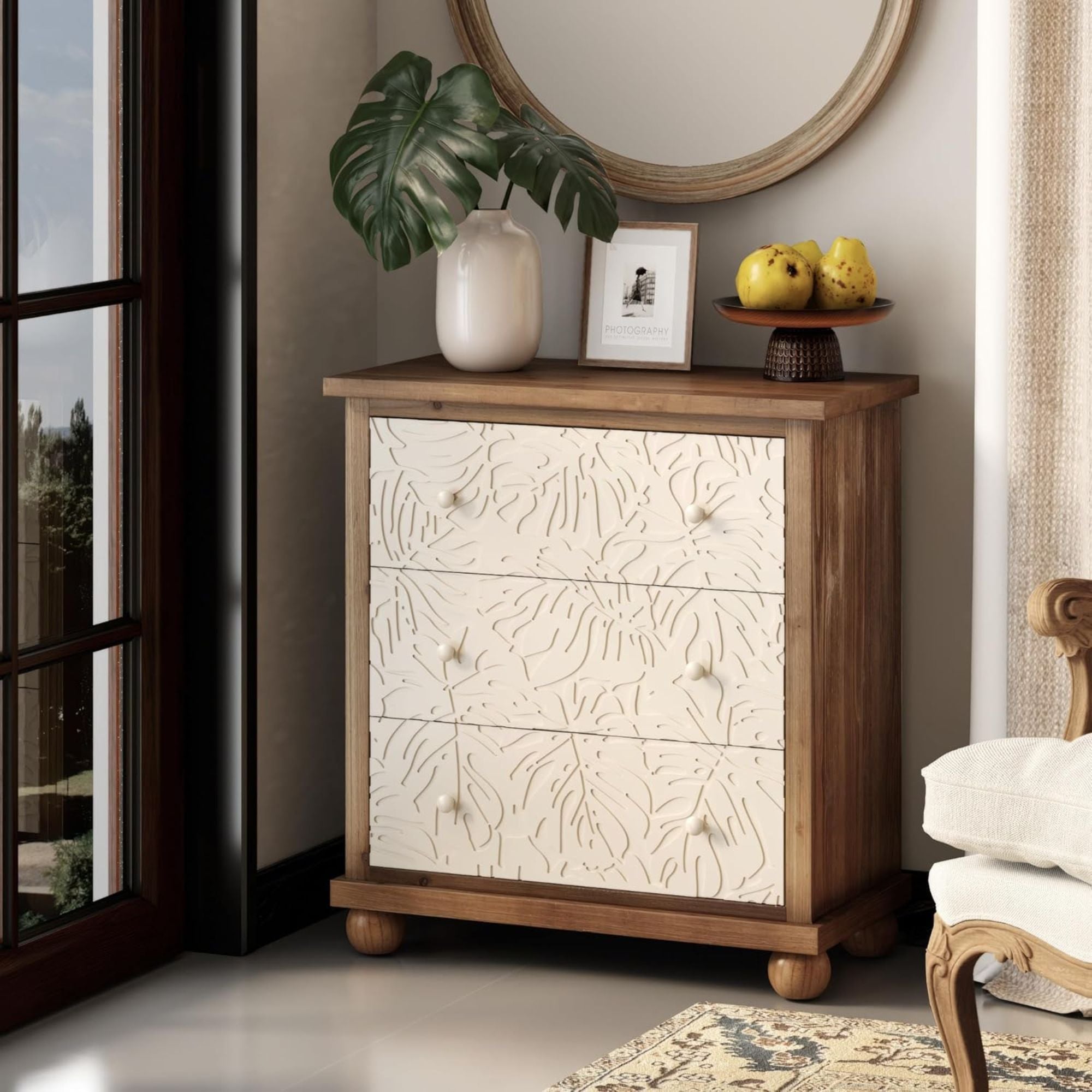 COZAYH Rustic Farmhouse Dresser w/Carved Leaves Pattern & 3 Drawers (Open Box) - VMInnovations