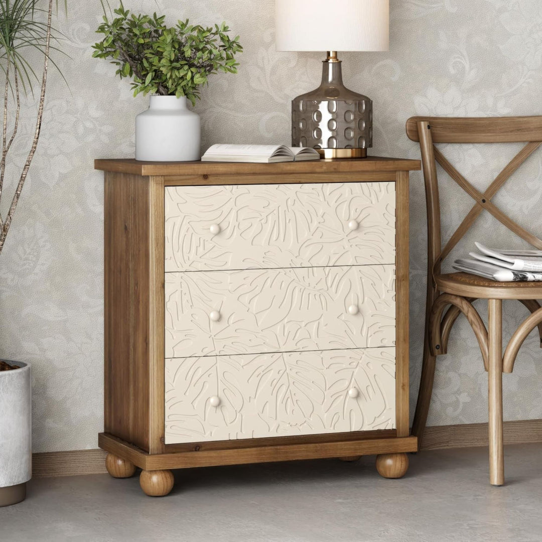COZAYH Rustic Farmhouse Dresser with Carved Leaves Pattern and 3 Drawers, White - VMInnovations