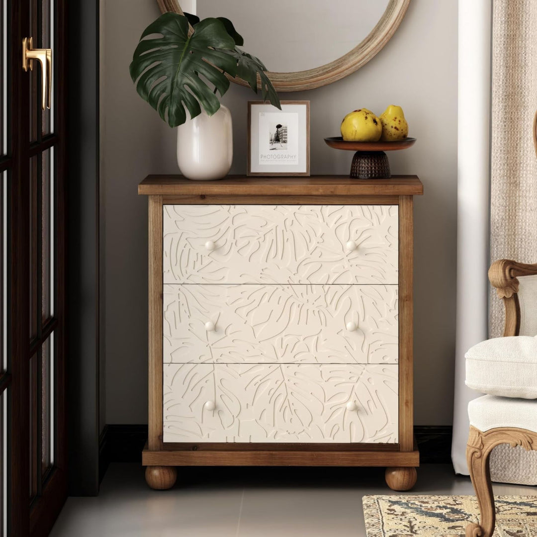 COZAYH Rustic Farmhouse Dresser with Carved Leaves Pattern and 3 Drawers, White - VMInnovations