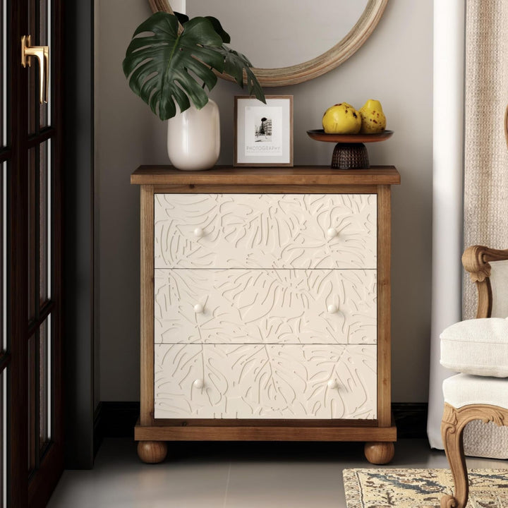COZAYH Rustic Farmhouse Dresser with Carved Leaves Pattern and 3 Drawers, White - VMInnovations