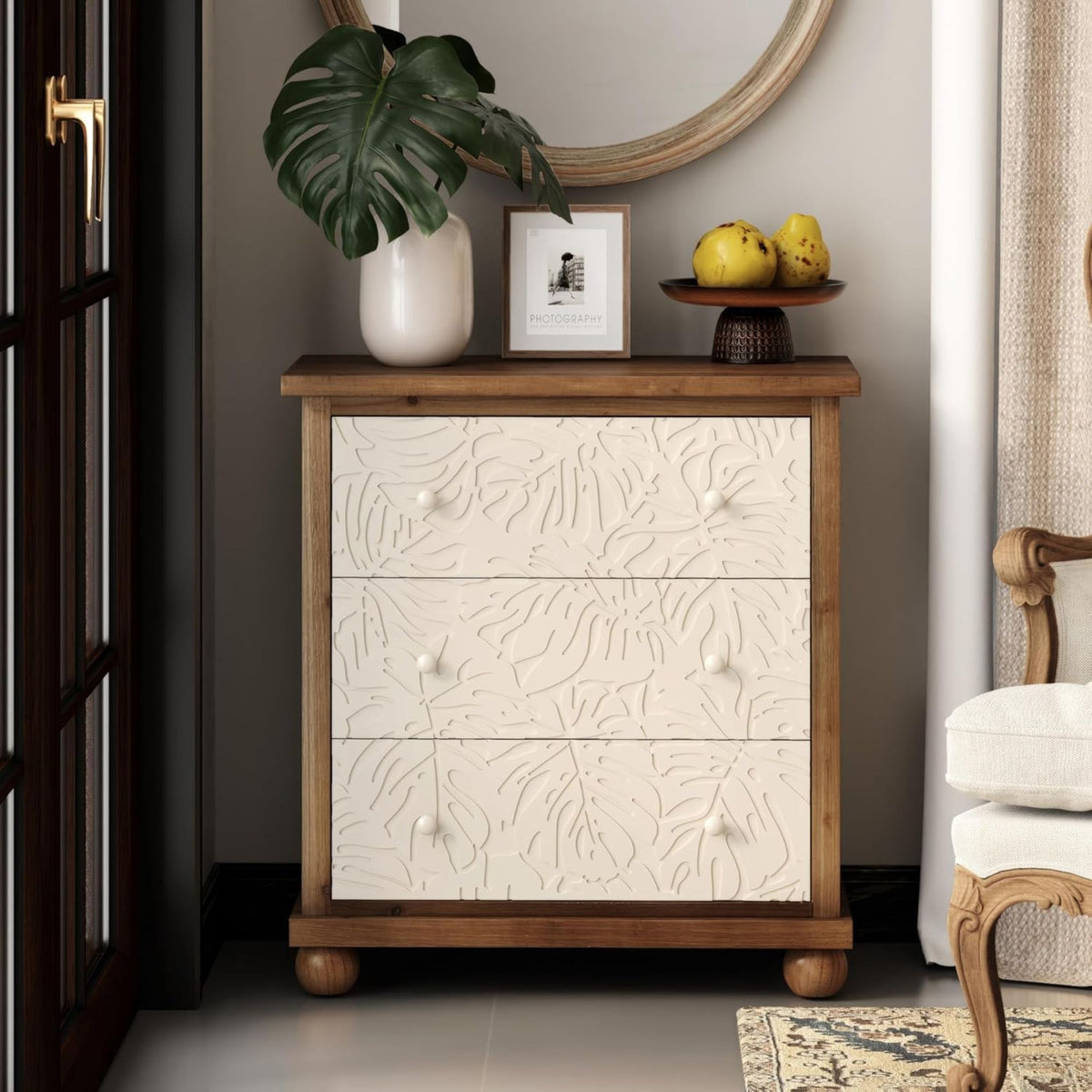 COZAYH Rustic Farmhouse Dresser with Carved Leaves Pattern & 3 Drawers, Set of 2