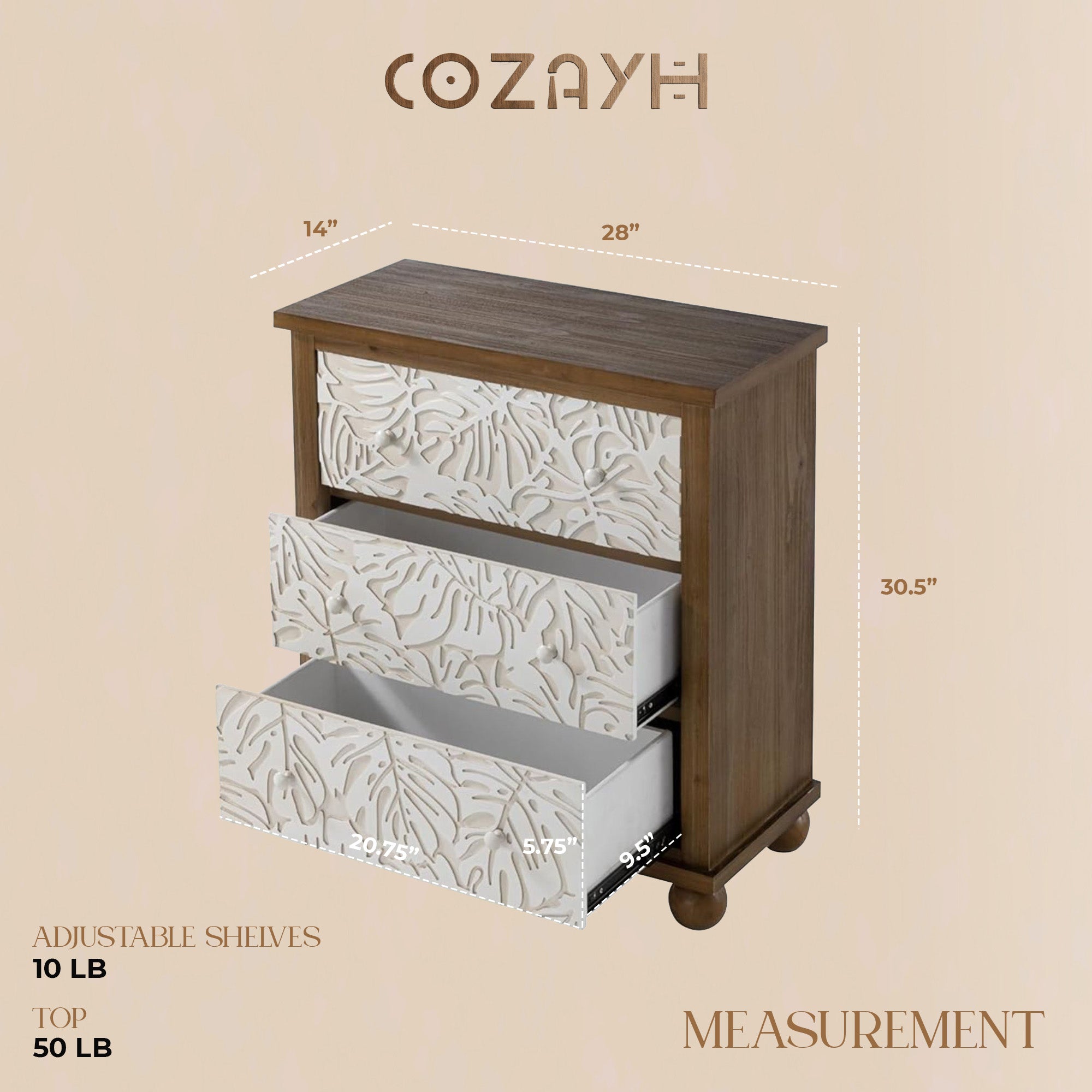 COZAYH Rustic Farmhouse Dresser w/Carved Leaves Pattern & 3 Drawers (Open Box) - VMInnovations