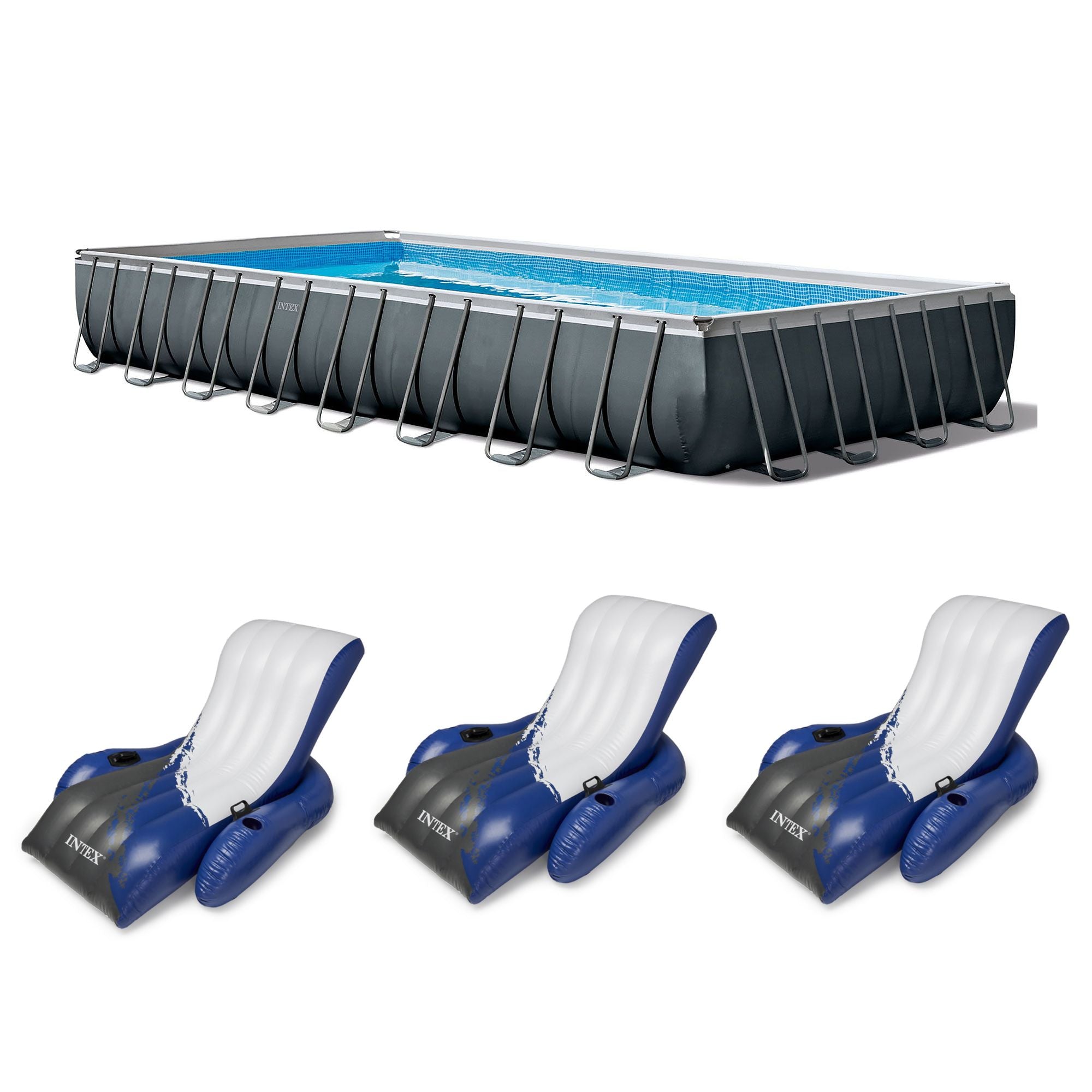 Intex 32'x16'x52" Ultra XTR Swimming Pool Set with 3 Inflatable Recliner Floats