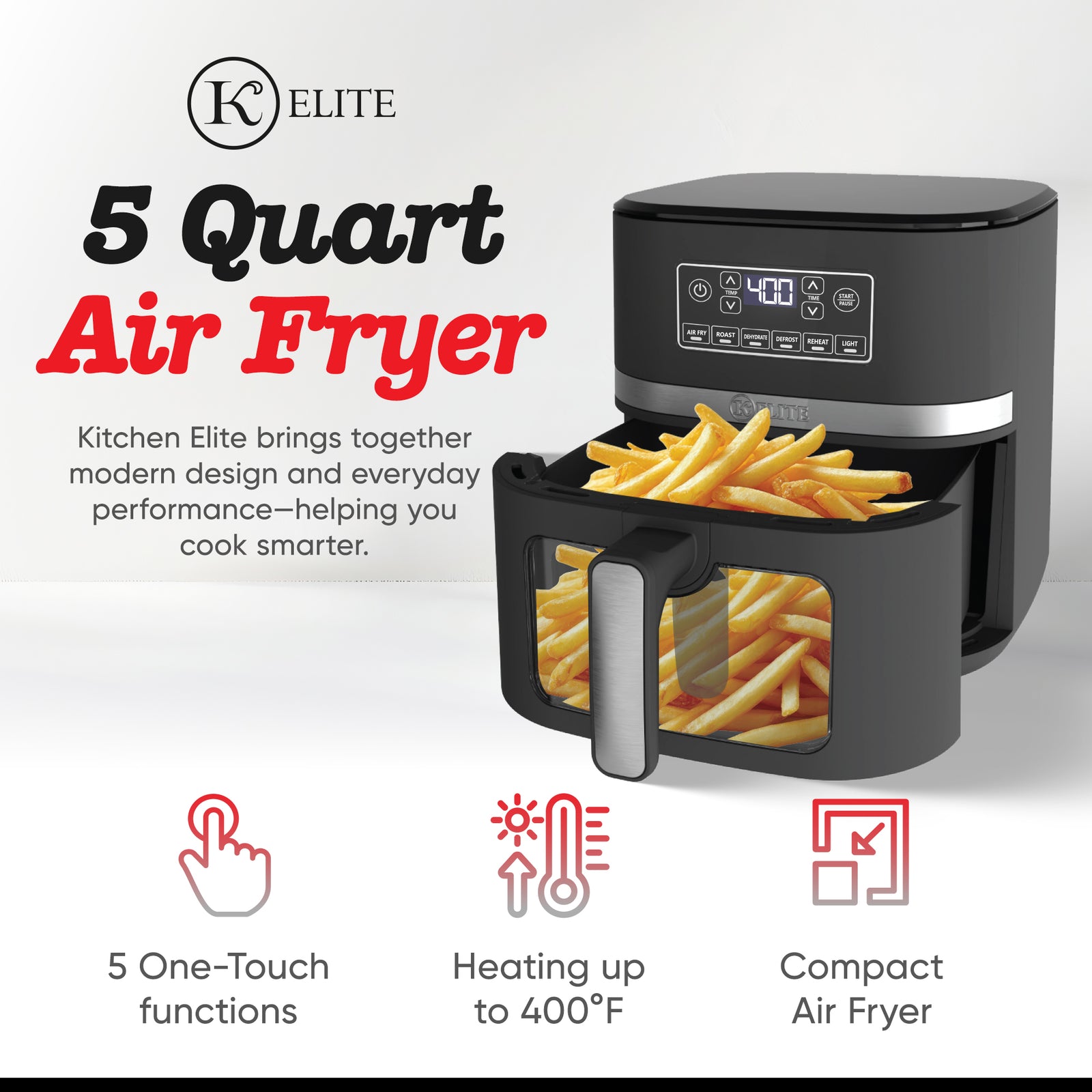 Kitchen Elite 5 Qt Digital Air Fryer, Countertop Nonstick Basket Oven, Black - VMInnovations
