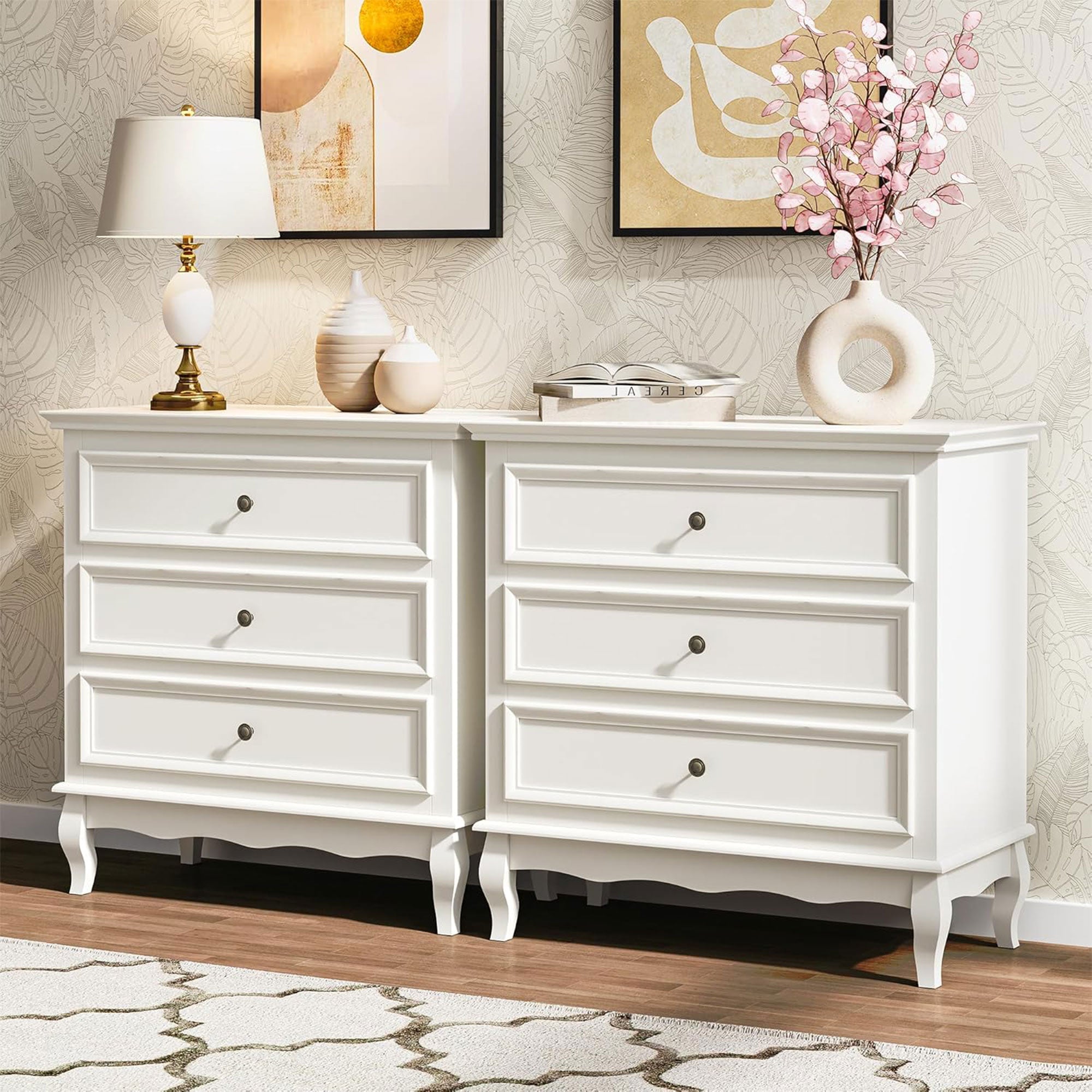RoyalCraft Wood Storage Drawer Nightstand Bedroom End Tables, White, Set of 2