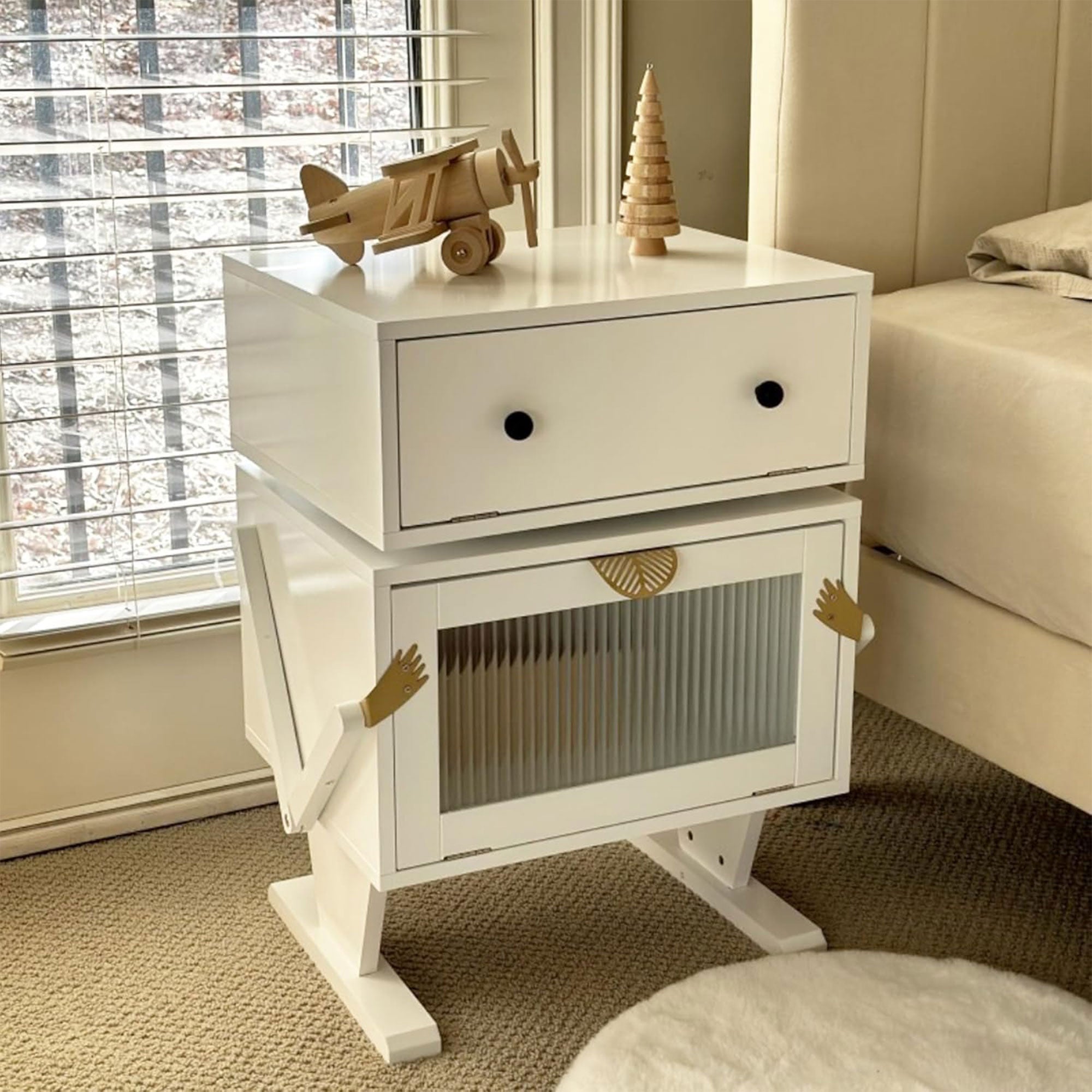 RoyalCraft Nightstand with LED, Rotating Drawer and Glass Door, White - VMInnovations