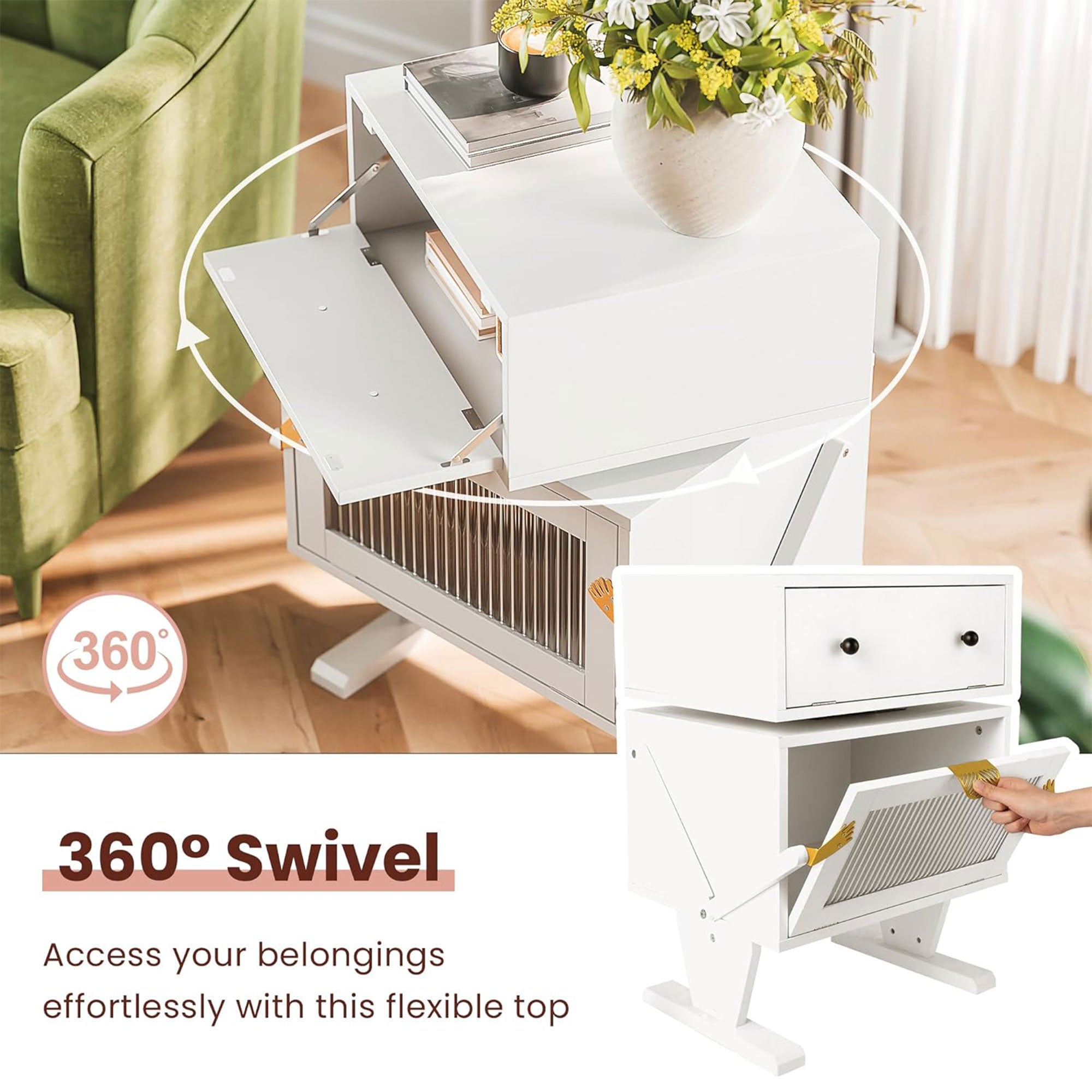 RoyalCraft Nightstand with LED, Rotating Drawer and Glass Door, White - VMInnovations