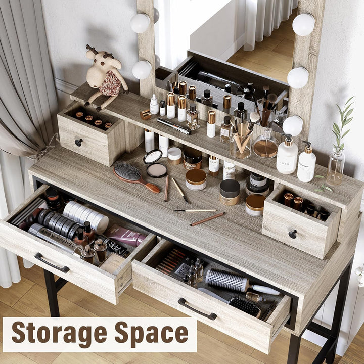 RoyalCraft Vanity Desk for Makeup with Mirror, Dimmable Lights & Drawers, Grey - VMInnovations
