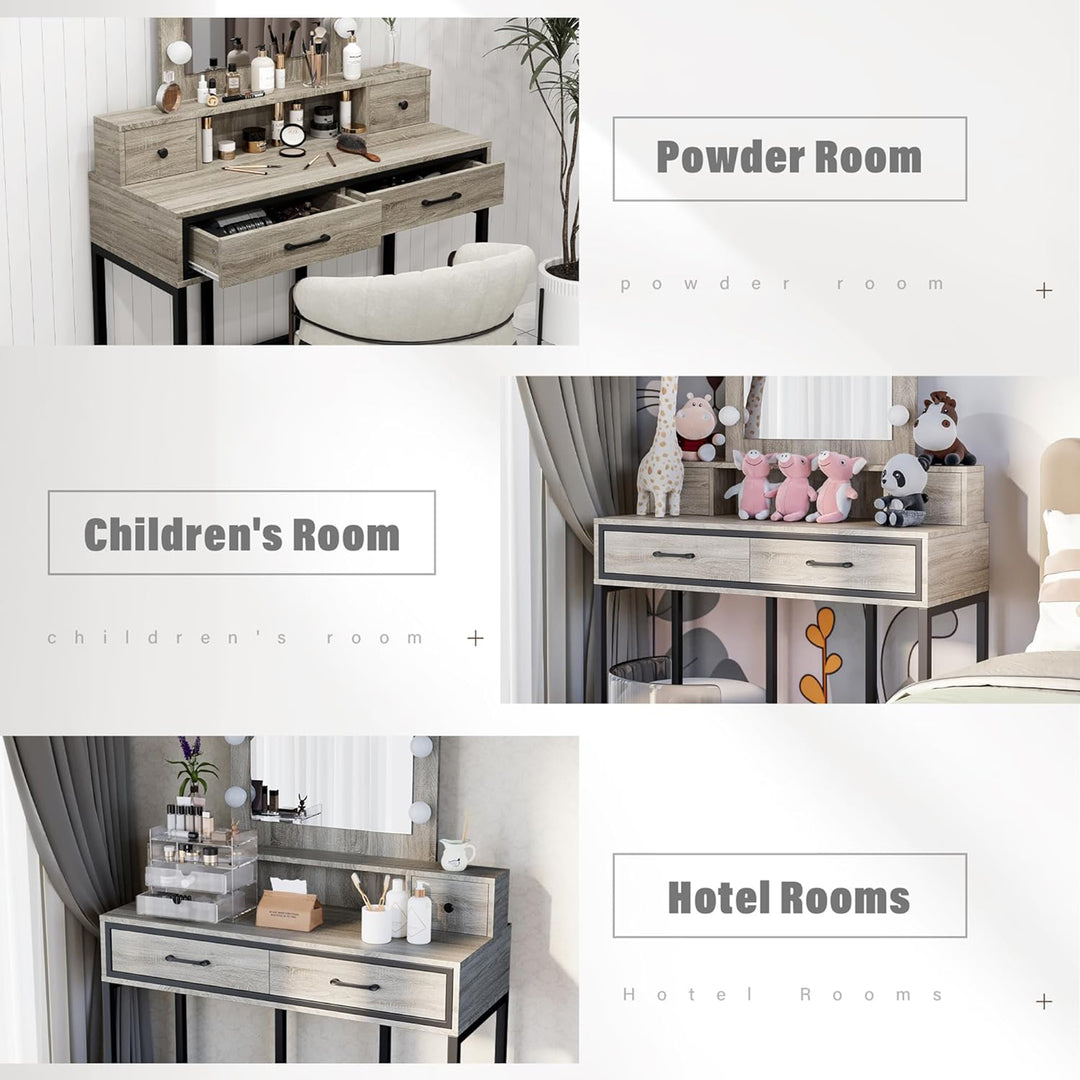 RoyalCraft Vanity Desk for Makeup with Mirror, Dimmable Lights & Drawers, Grey - VMInnovations