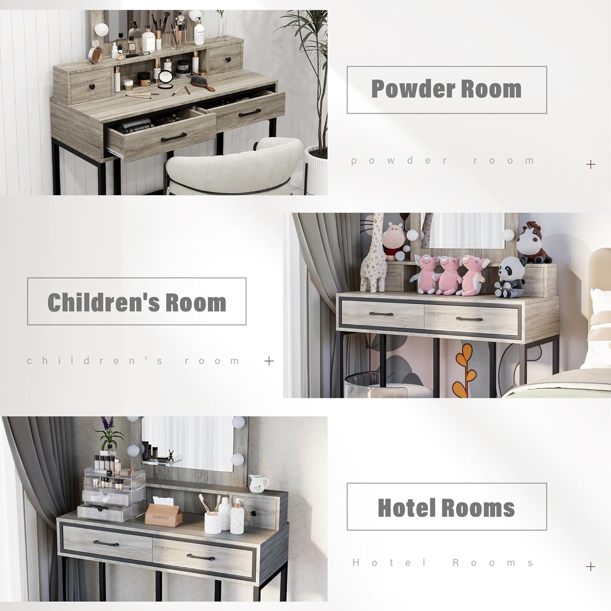 RoyalCraft Vanity Desk for Makeup with Mirror, Dimmable Lights & Drawers, Grey - VMInnovations