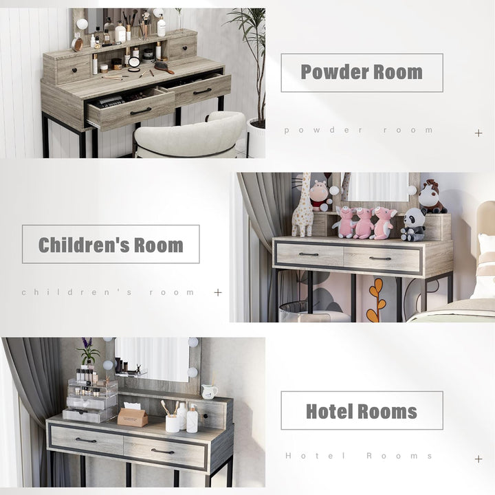 RoyalCraft Vanity Desk for Makeup with Mirror, Dimmable Lights & Drawers, Grey - VMInnovations